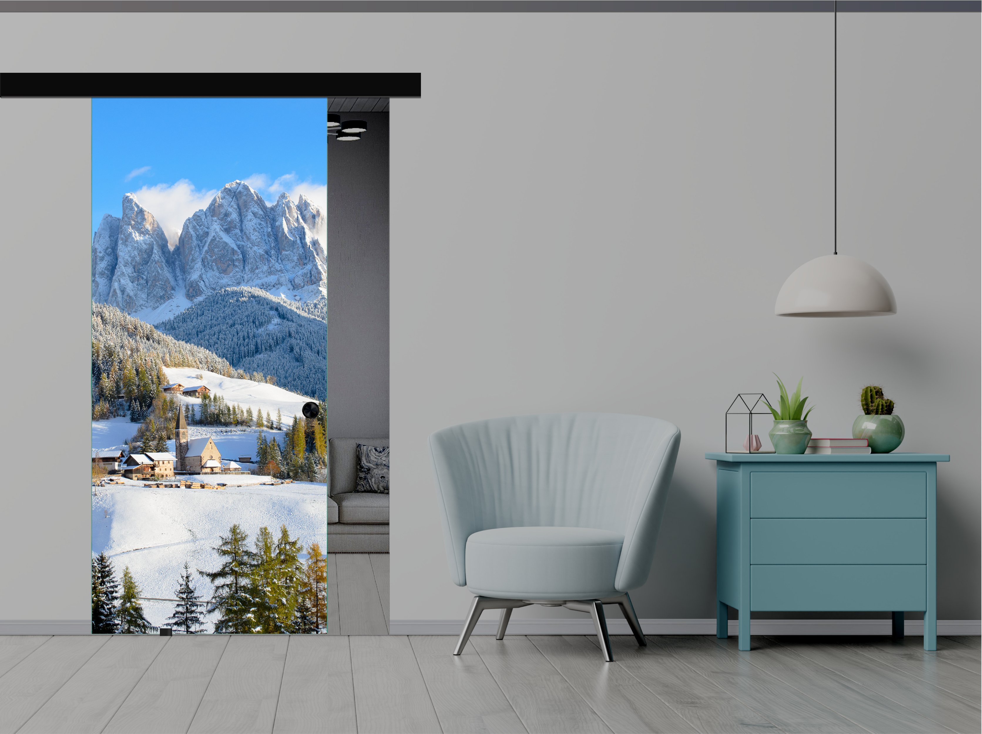 Frameless Sliding Glass Barn Door with Digital Printing + Black Hardware (Recessed Grip)