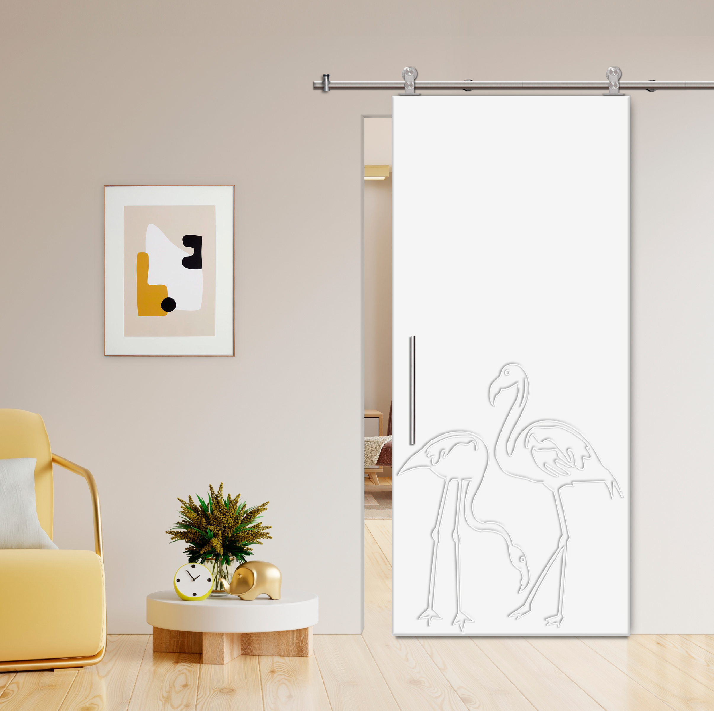 Flush Sliding Barn Door with CNC Engraving CCD-7698 White (Stainless steel)