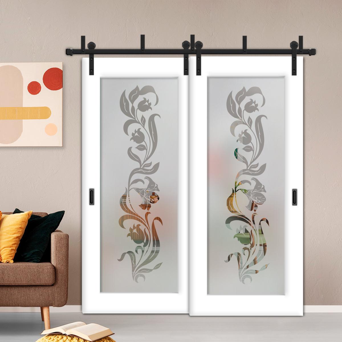 2 Leaf Sliding Barn Bypass Doors with-Glass-Insert BGD-4400