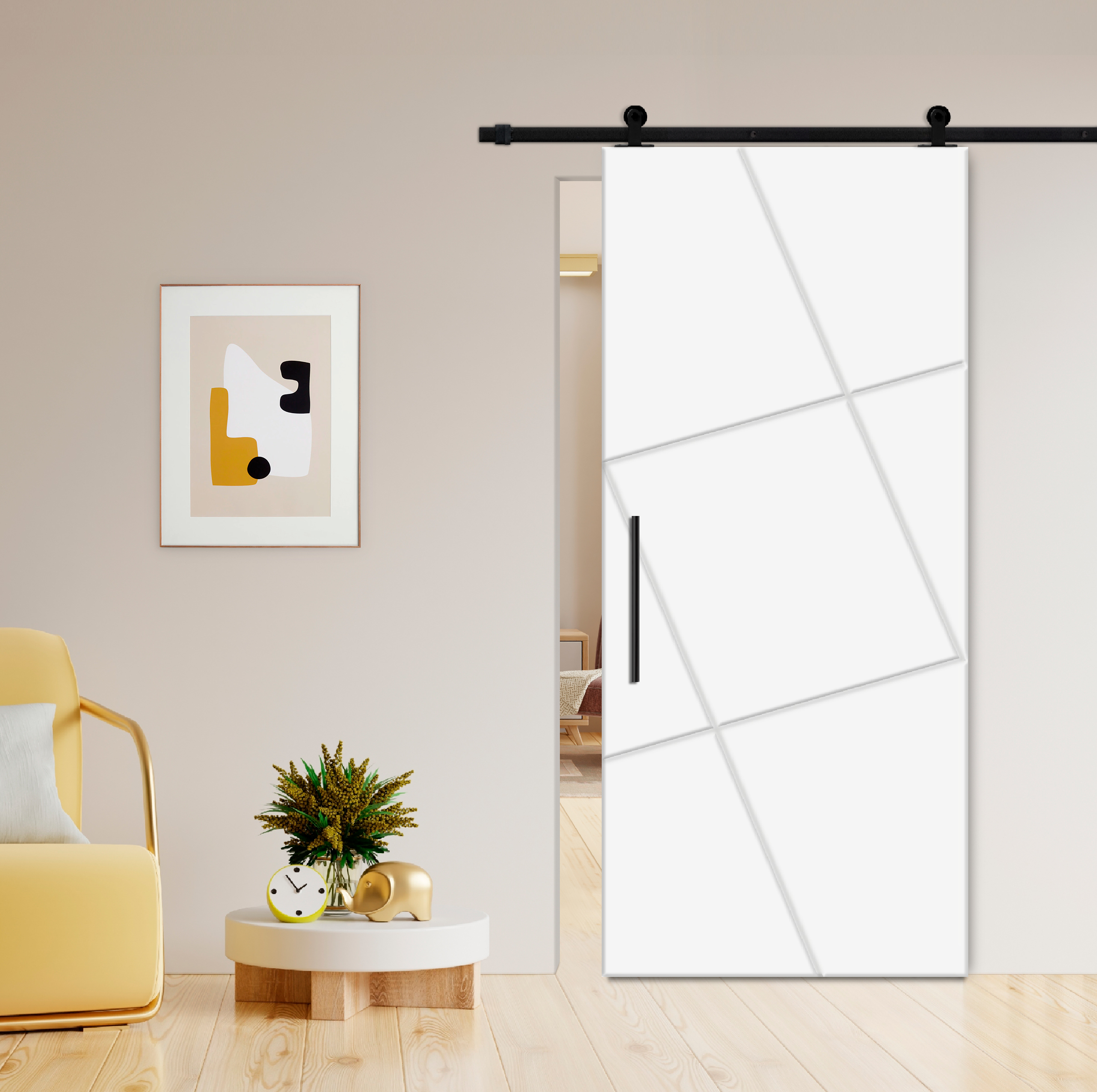Flush Sliding Barn Door with CNC Engraving CCD-7698 White (Carbon steel)