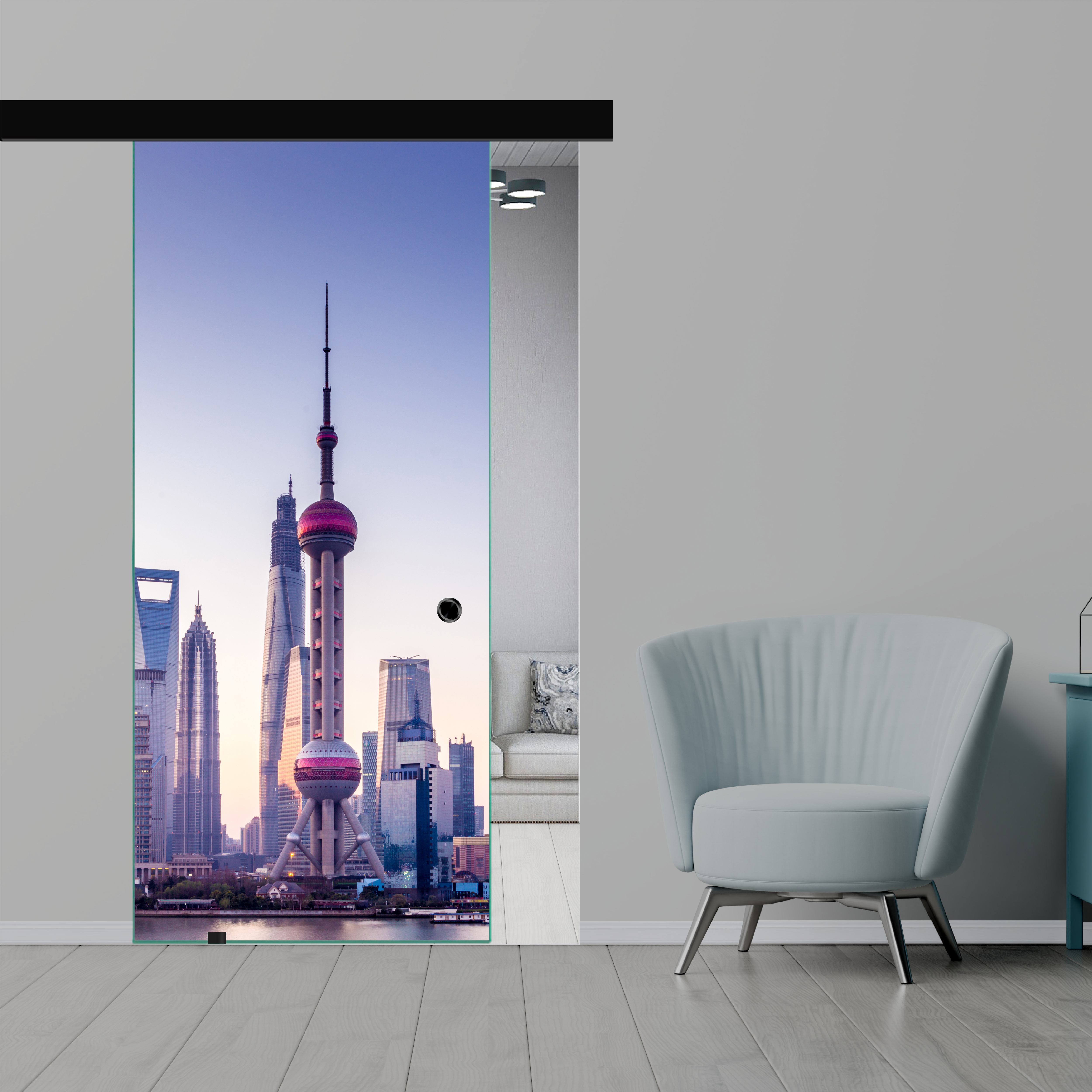 Frameless Sliding Glass Barn Door with Digital Printing + Black Hardware (Recessed Grip)