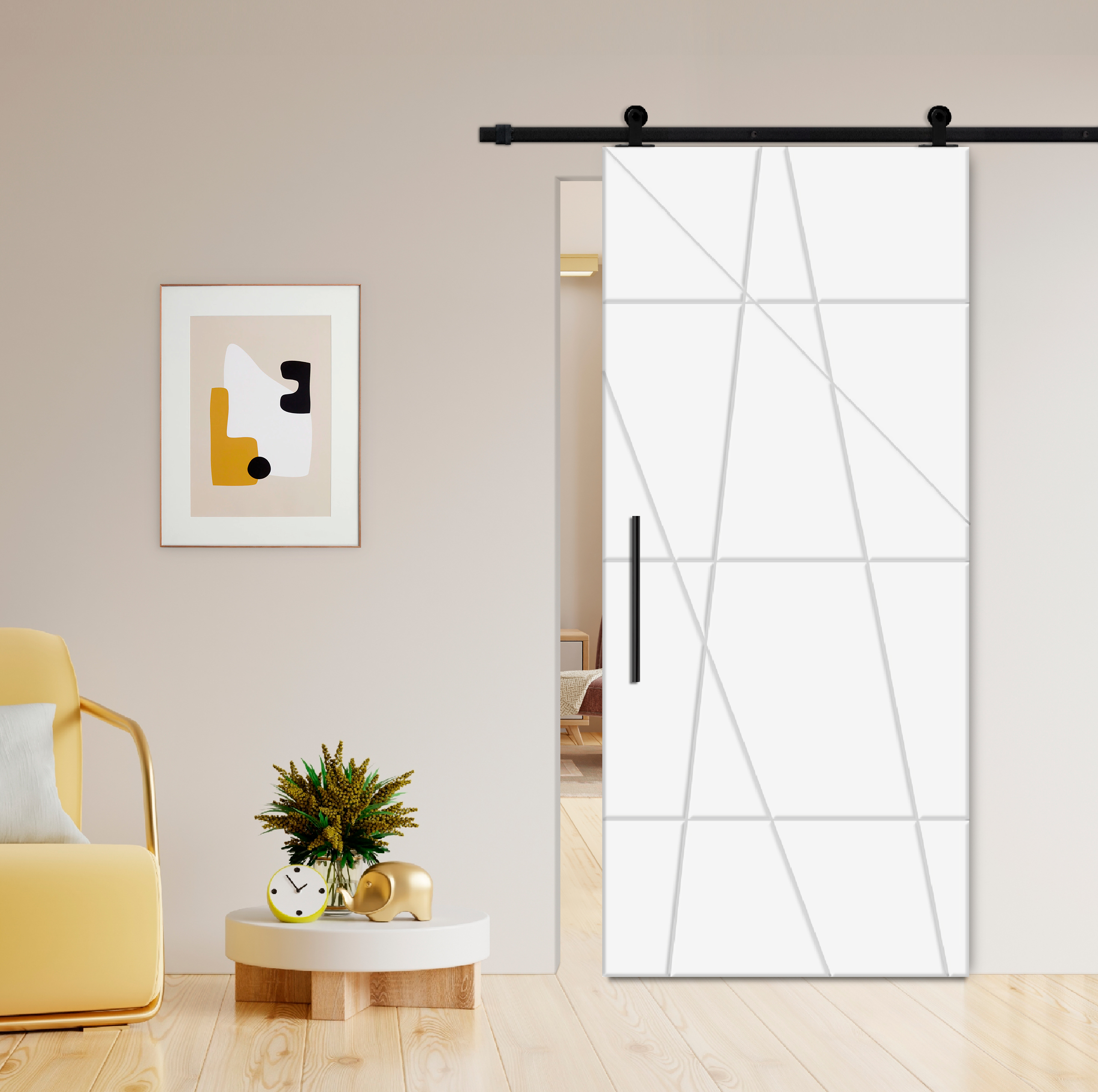 Flush Sliding Barn Door with CNC Engraving CCD-7698 White (Carbon steel)