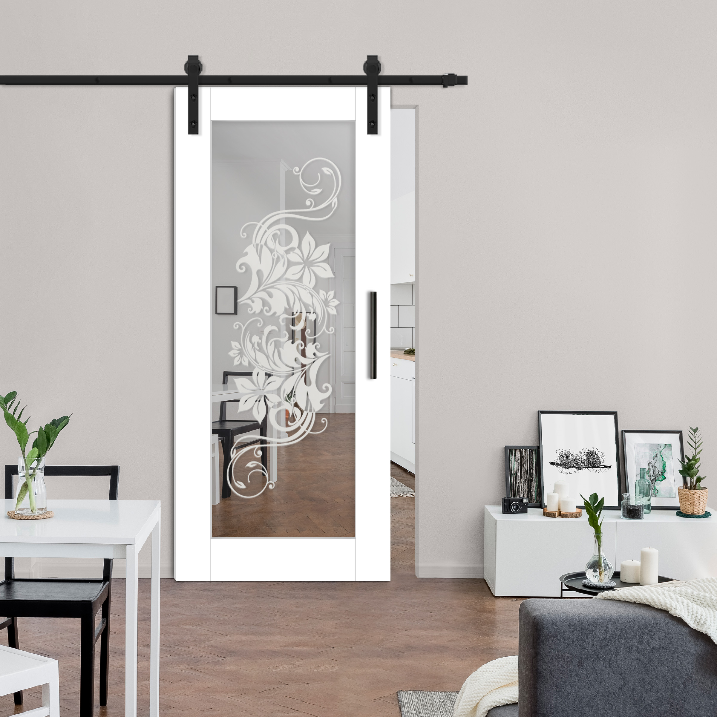 Sliding Barn Door with Mirror Insert and Floral Frosted Design (Carbon Steel Hardware)