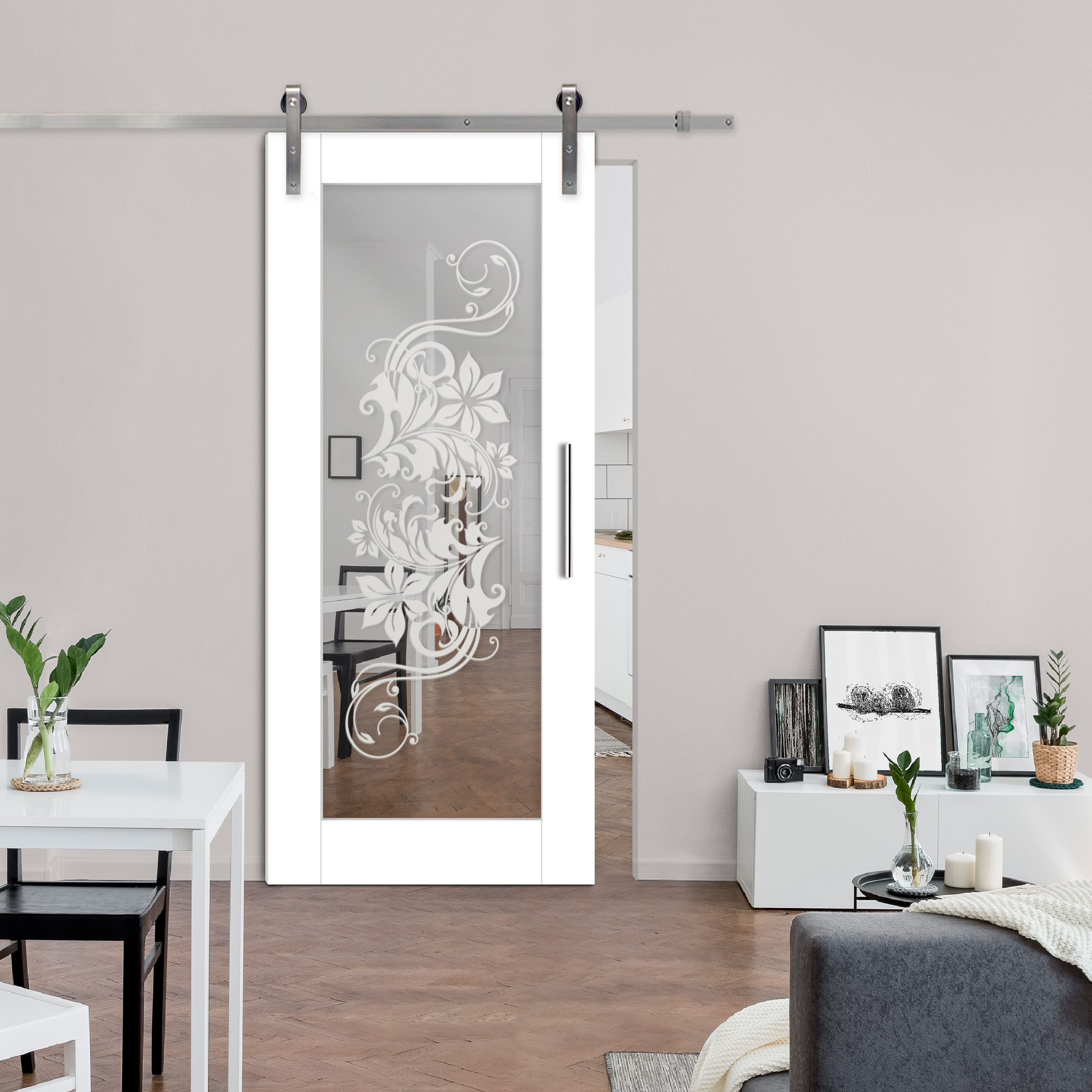 Sliding Barn Door with Mirror Insert and Floral Frosted Design (Stainless Steel Hardware)