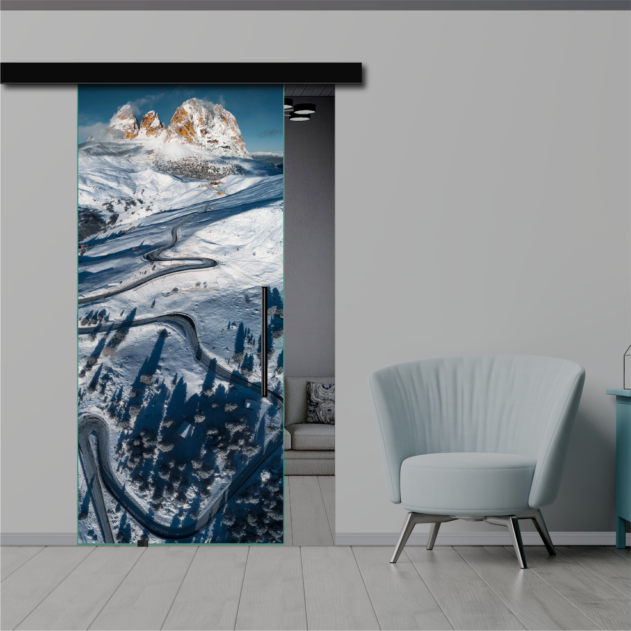 Frameless Sliding Glass Barn Door with Digital Printing + Black Hardware (T-Handle)
