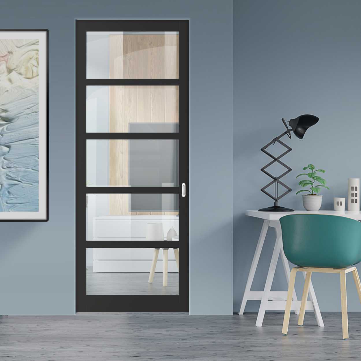 Industrial Style Pocket Wooden Door with 5 Glass Panel ISPD-3897