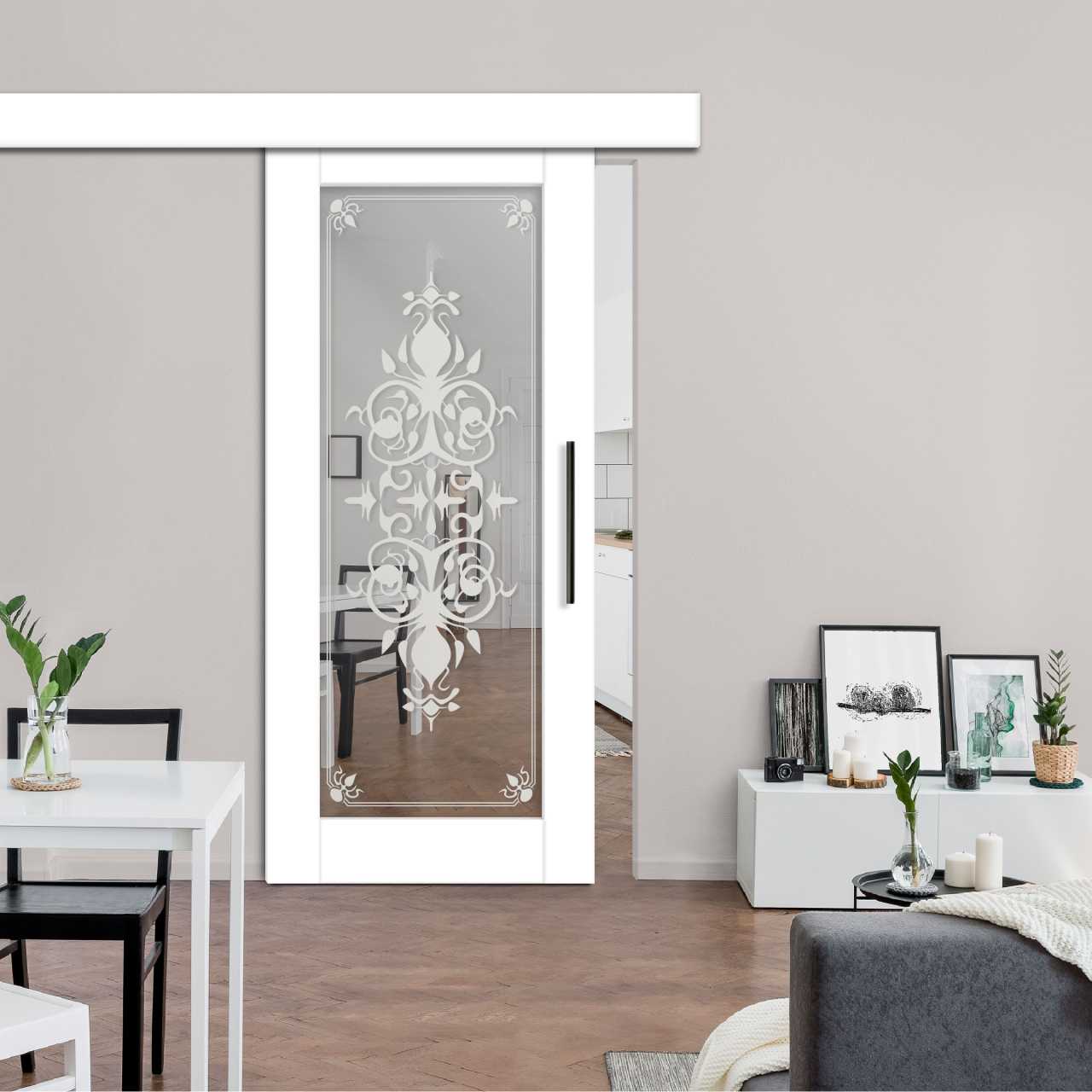 Complete Kit Mirror Barn Door + Various Frosted Designs and Fascia Cover WMD-7242
