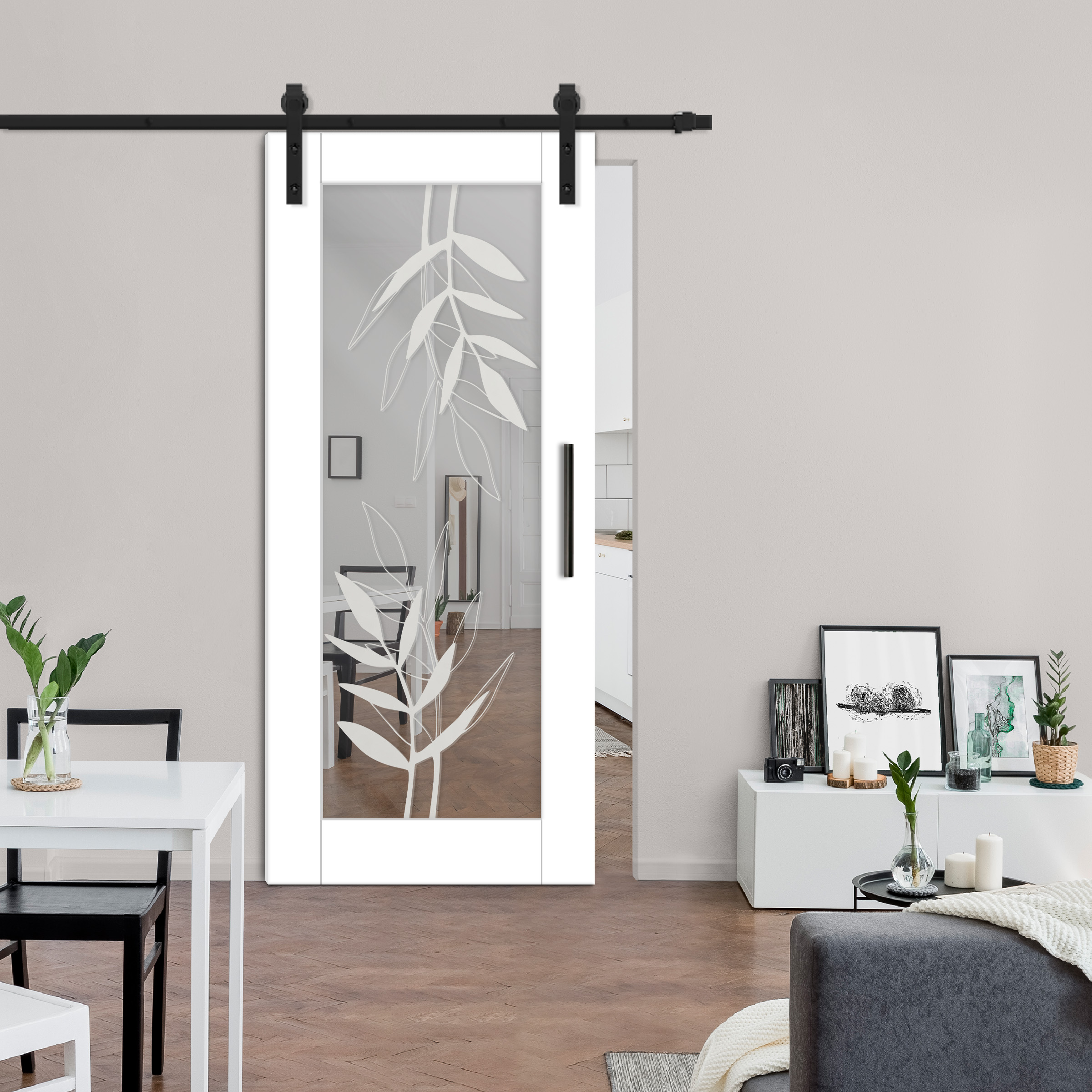 Sliding Barn Door with mirror insert (frosted design) and carbon steel sliding system