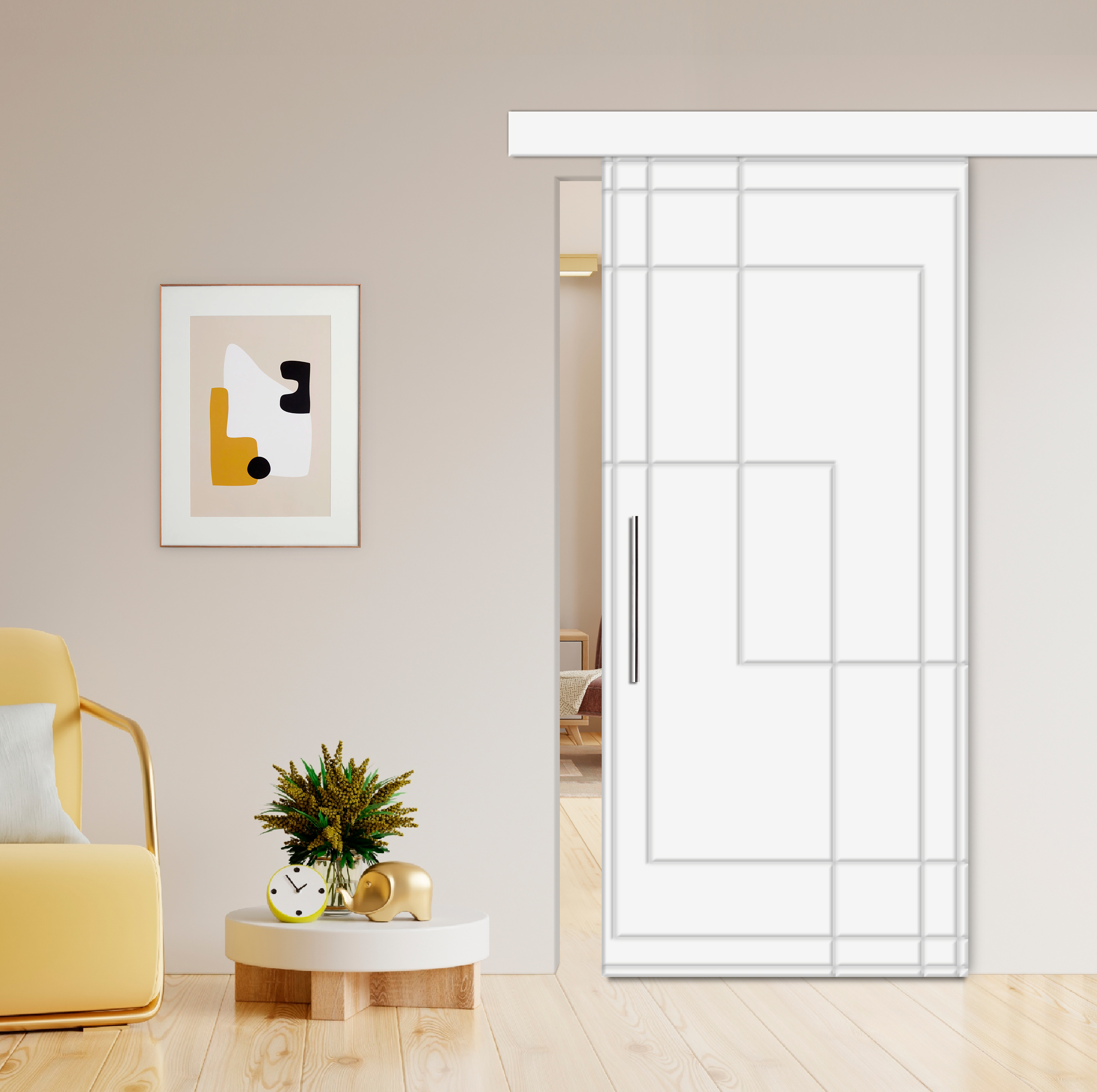 Flush Sliding Barn Door with CNC Engraving CCD-7698 White (Stainless steel)