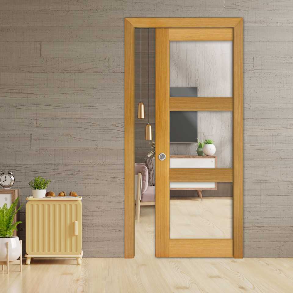 3 Panel New-Zealand Oak Pocket Door with 1 or 2 Mirrors PWGD-8073