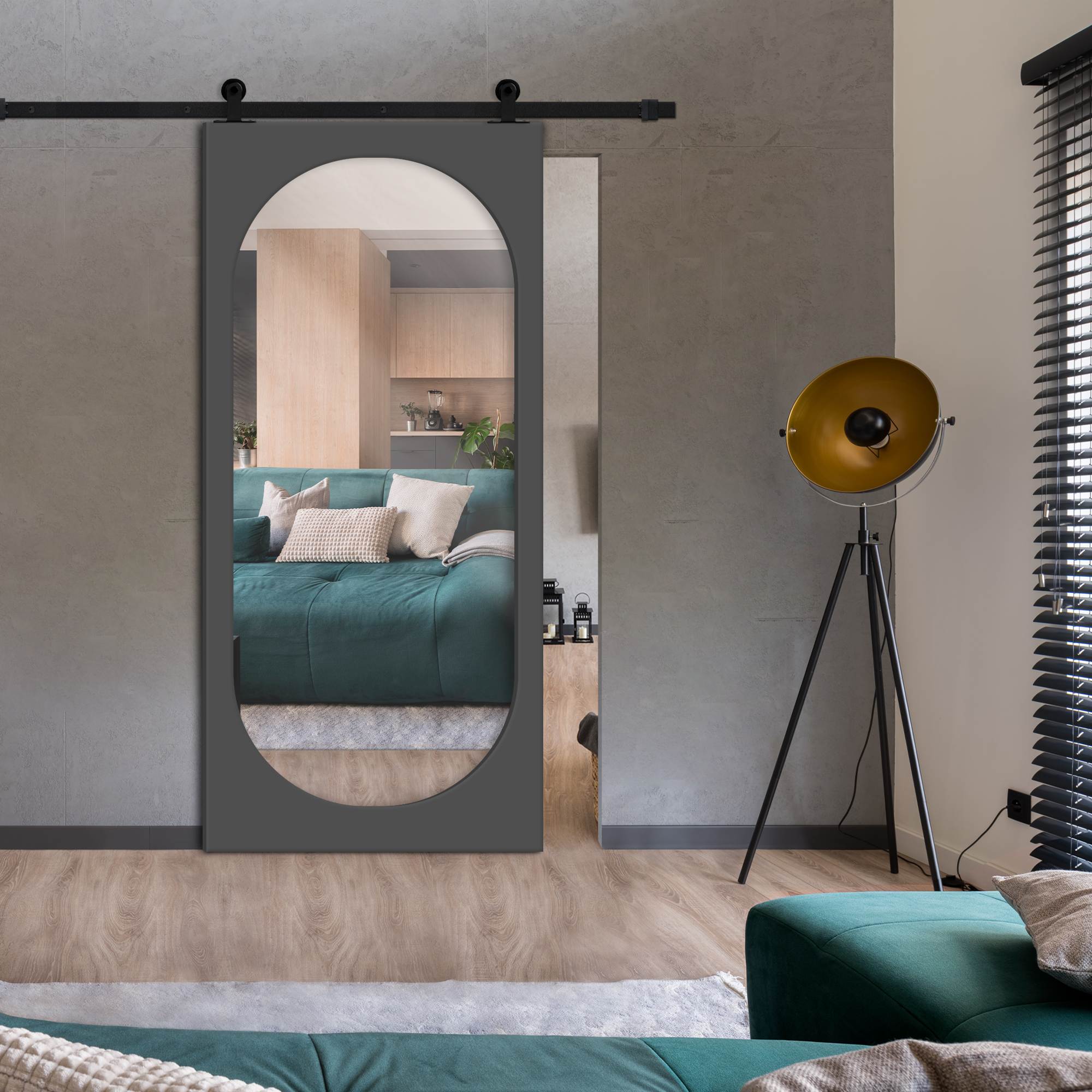 Mirror Sliding Barn Door with  Oval Shape Mirror Insert  (Carbon steel hardware) WMD-7649