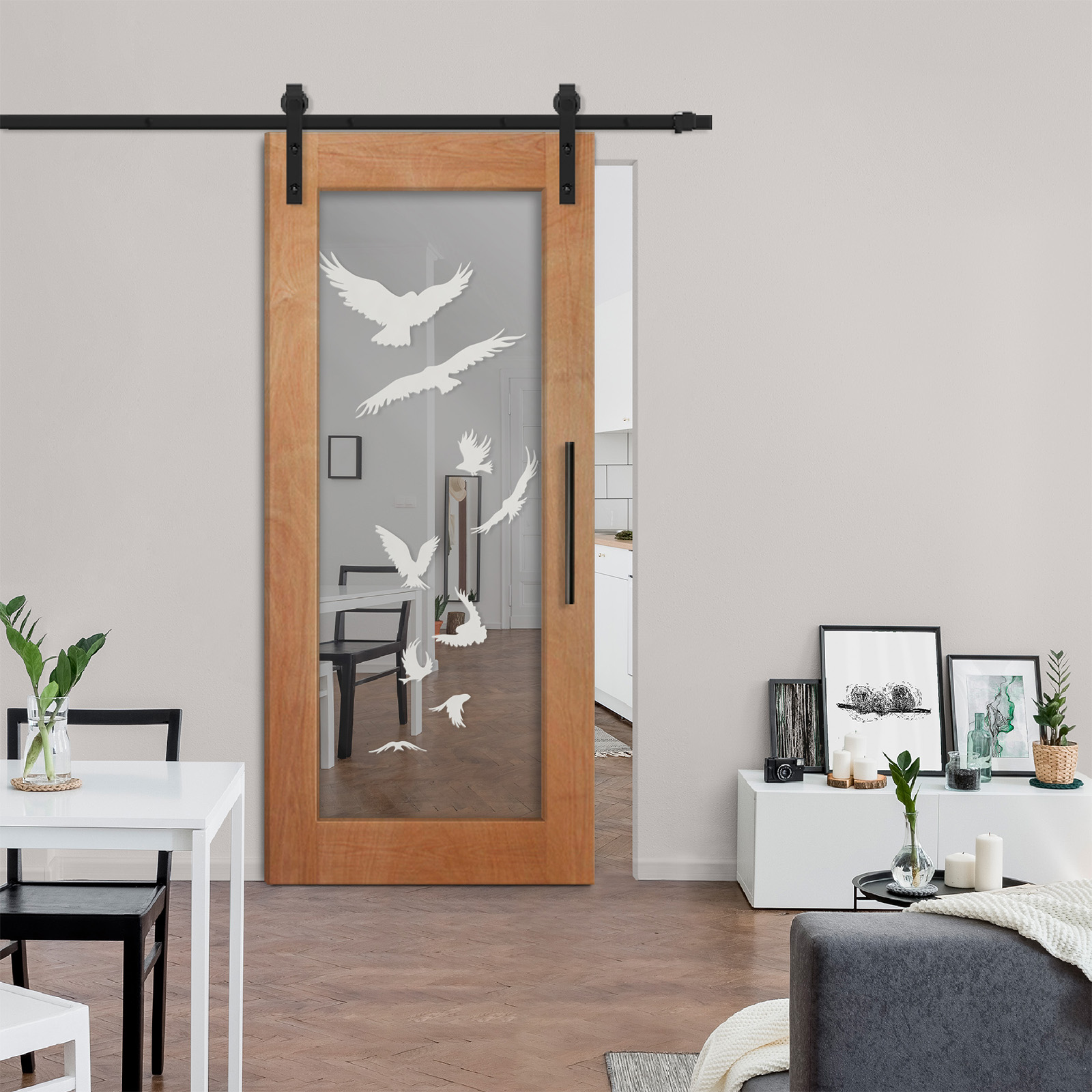 Premium Hardwood Sliding Barn Door with Mirror & Frosted Designs Soilid Wood (Carbon Steel)