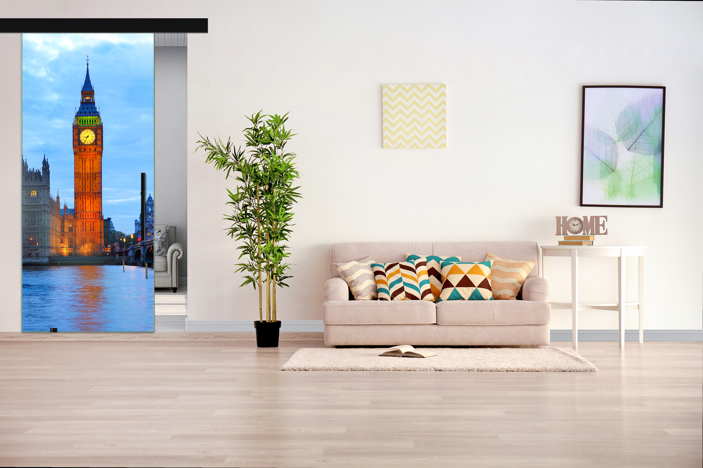 Frameless Sliding Glass Barn Door with Digital Printing + Black Hardware (T-Handle)