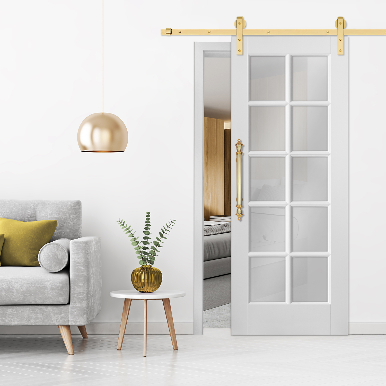 10 Lite French Sliding Barn Door with Frosted Glass Insert WGD-4112