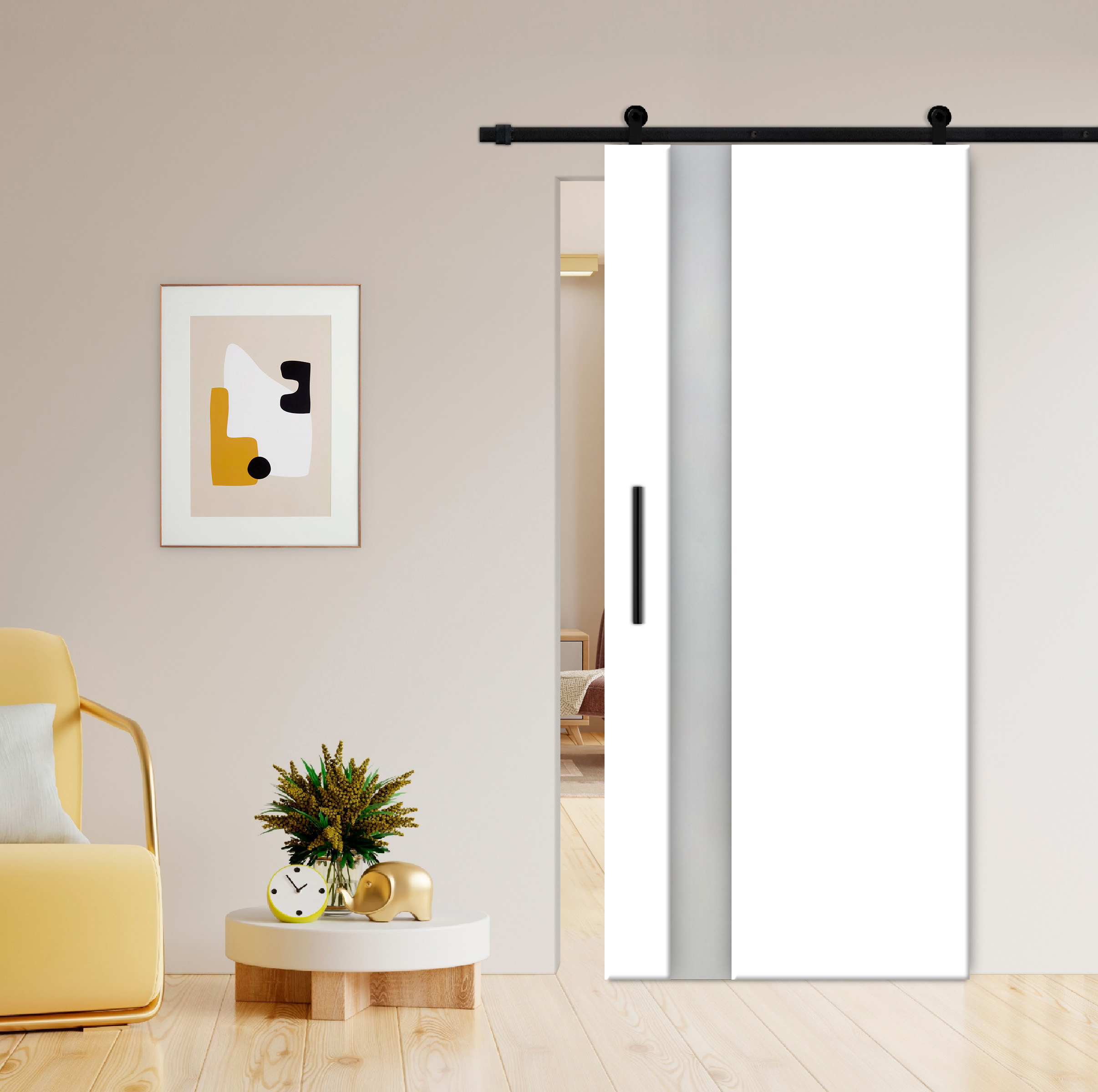 Flush Sliding Barn Door with CNC Engraving (Frosted Glass) 