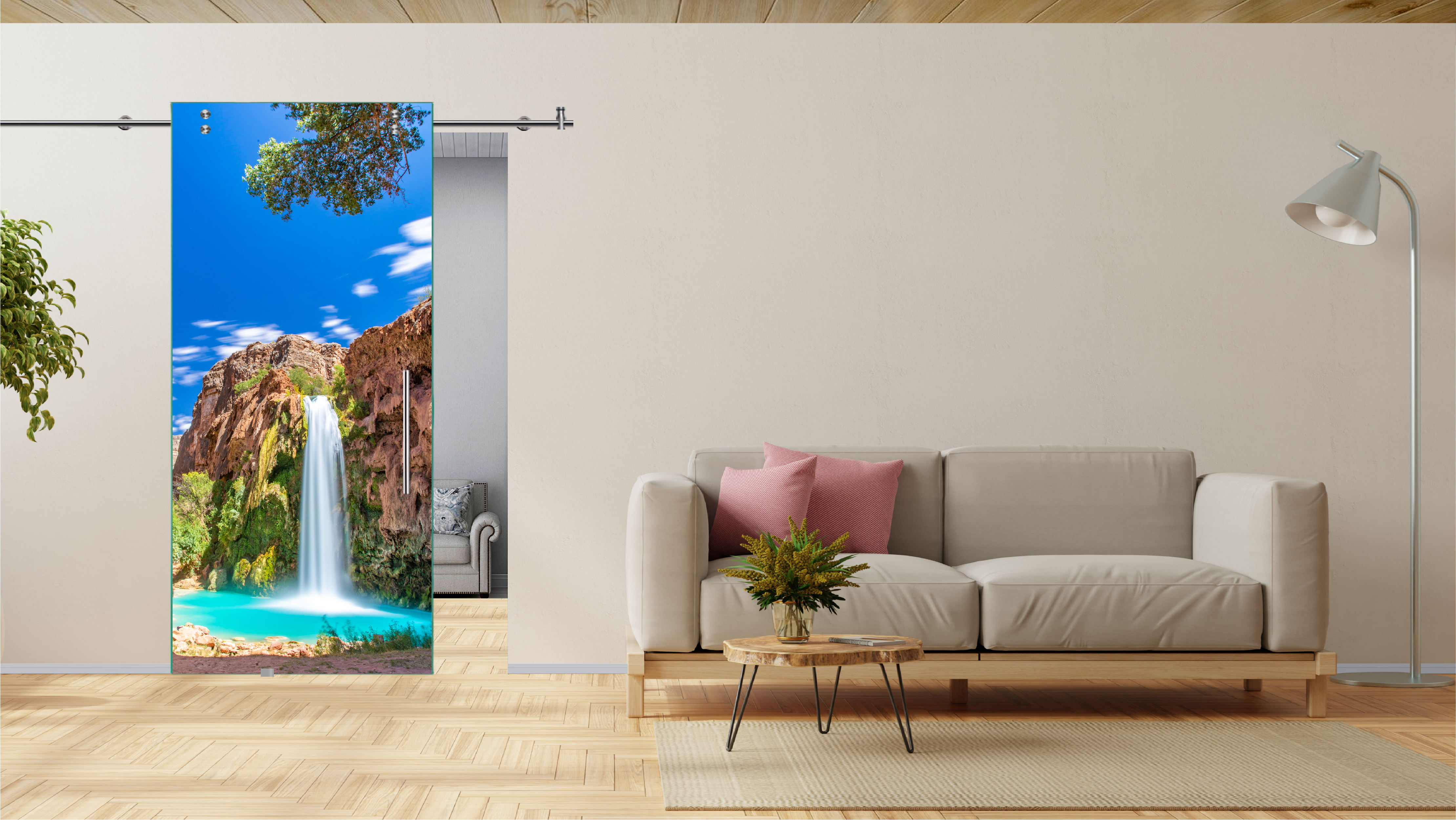 Digital Printing Sliding Barn Glass Door with Stainless Steel Hardware & T-handle (Havasupai Waterfalls)