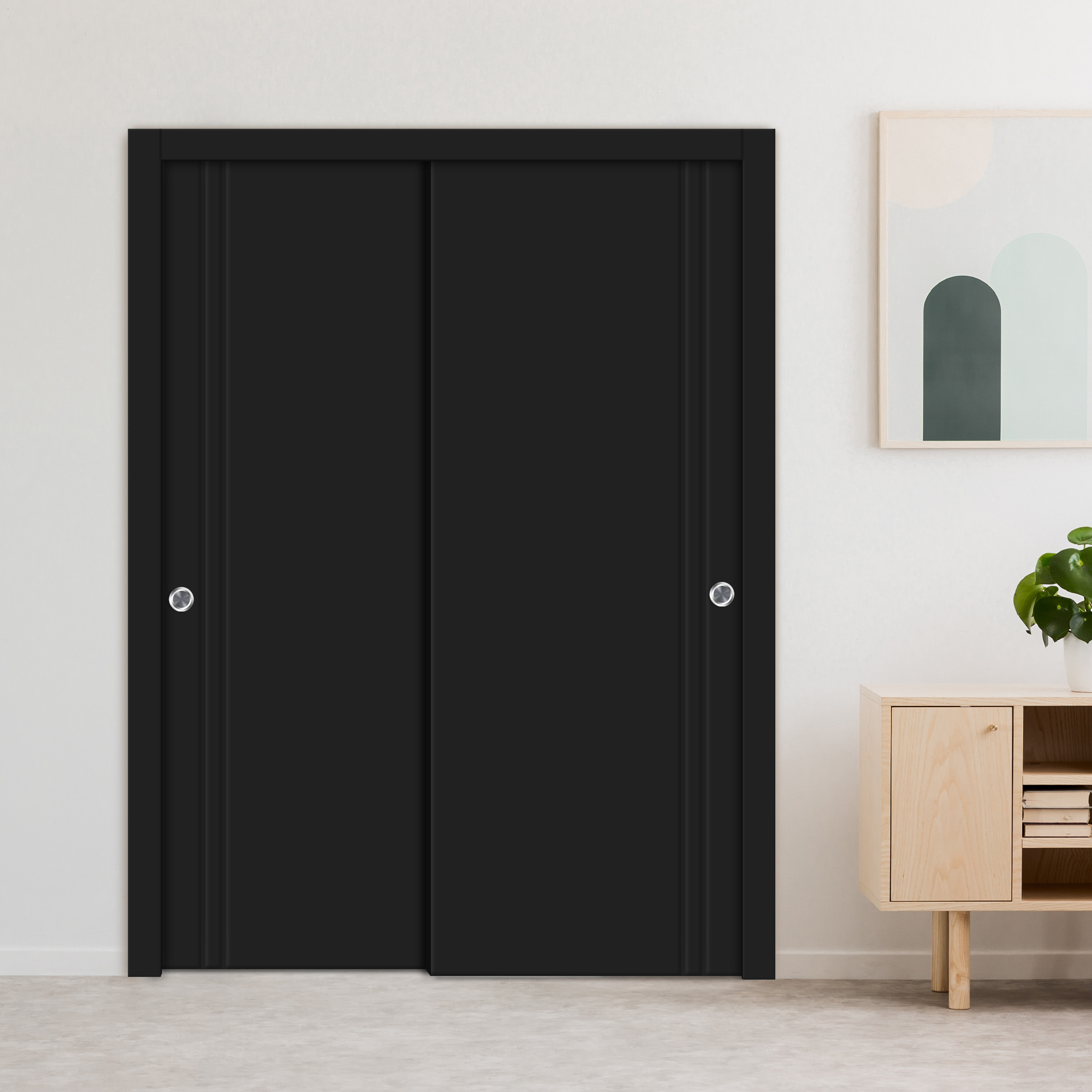 2 Panel Handcrafted Bypass Wooden Sliding Closet Door  Black