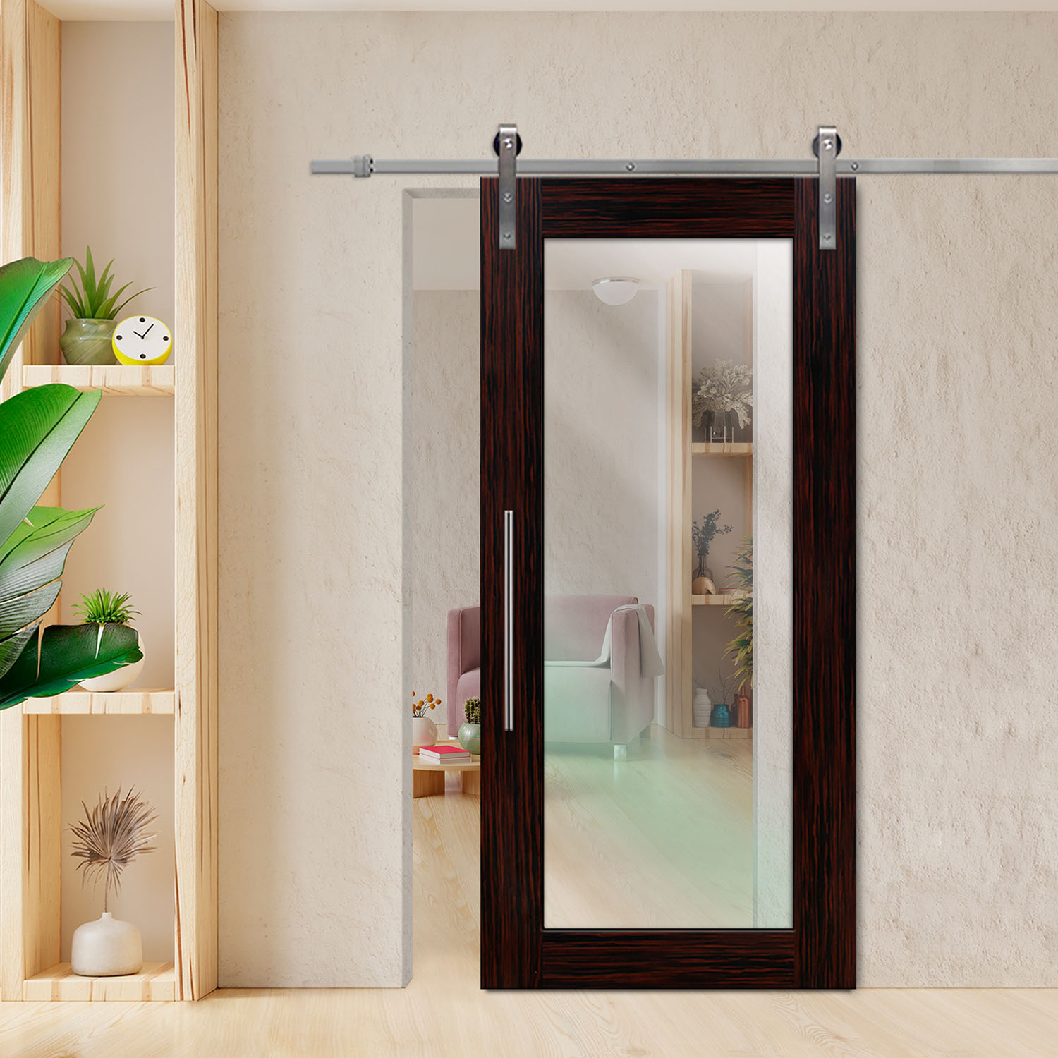 Ebony Veneered Sliding Barn Door with Clear Glass Insert T-Handle Stainless Steel