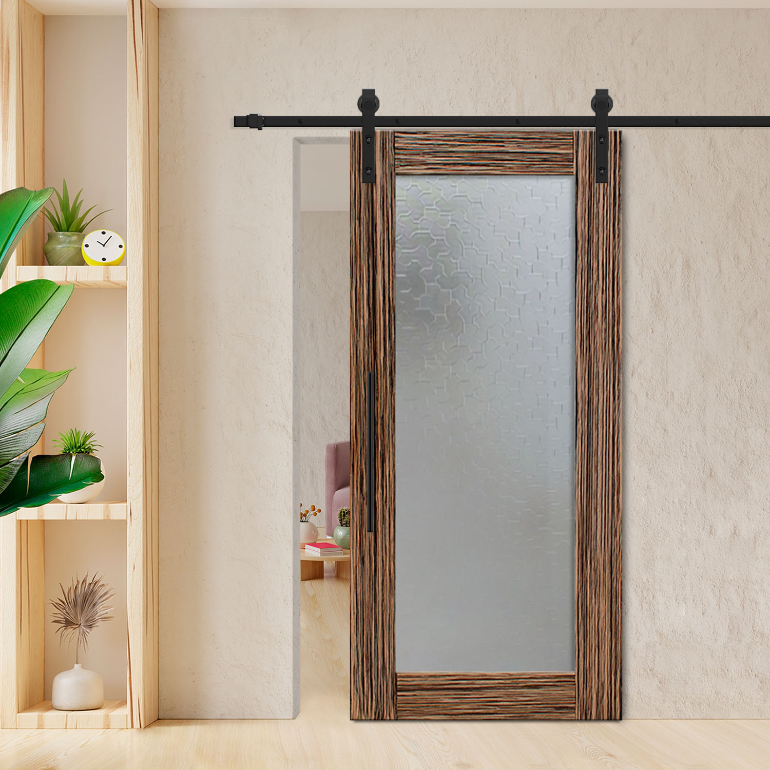 Zebrano Veneered Sliding Karatachi Barn Door with Carbon Steel