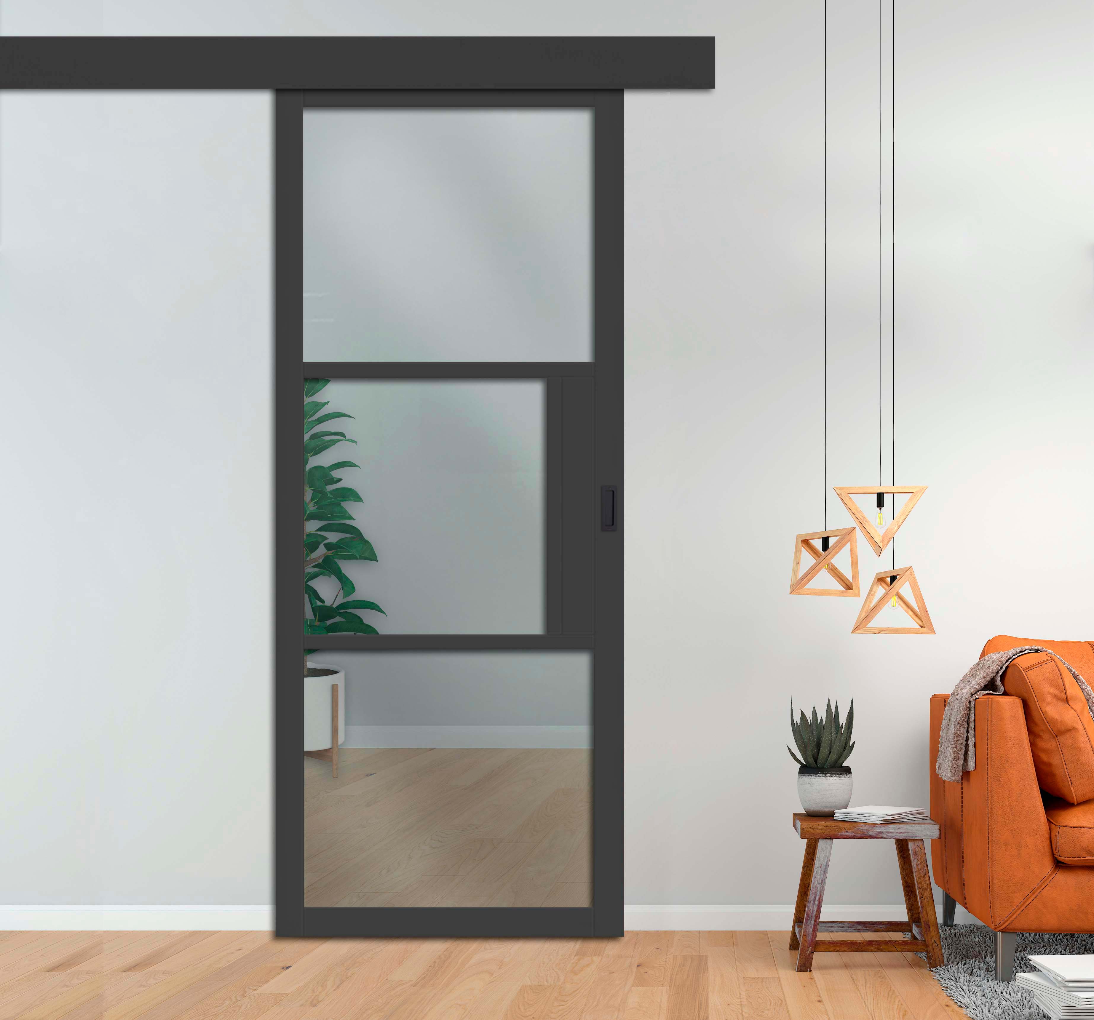 Loft Style Sliding Barn Door with Clear Glass Panels + Alu100 Wood  Fascia / Cover Hardware Kit  & Rectangular Black Grip Handle 