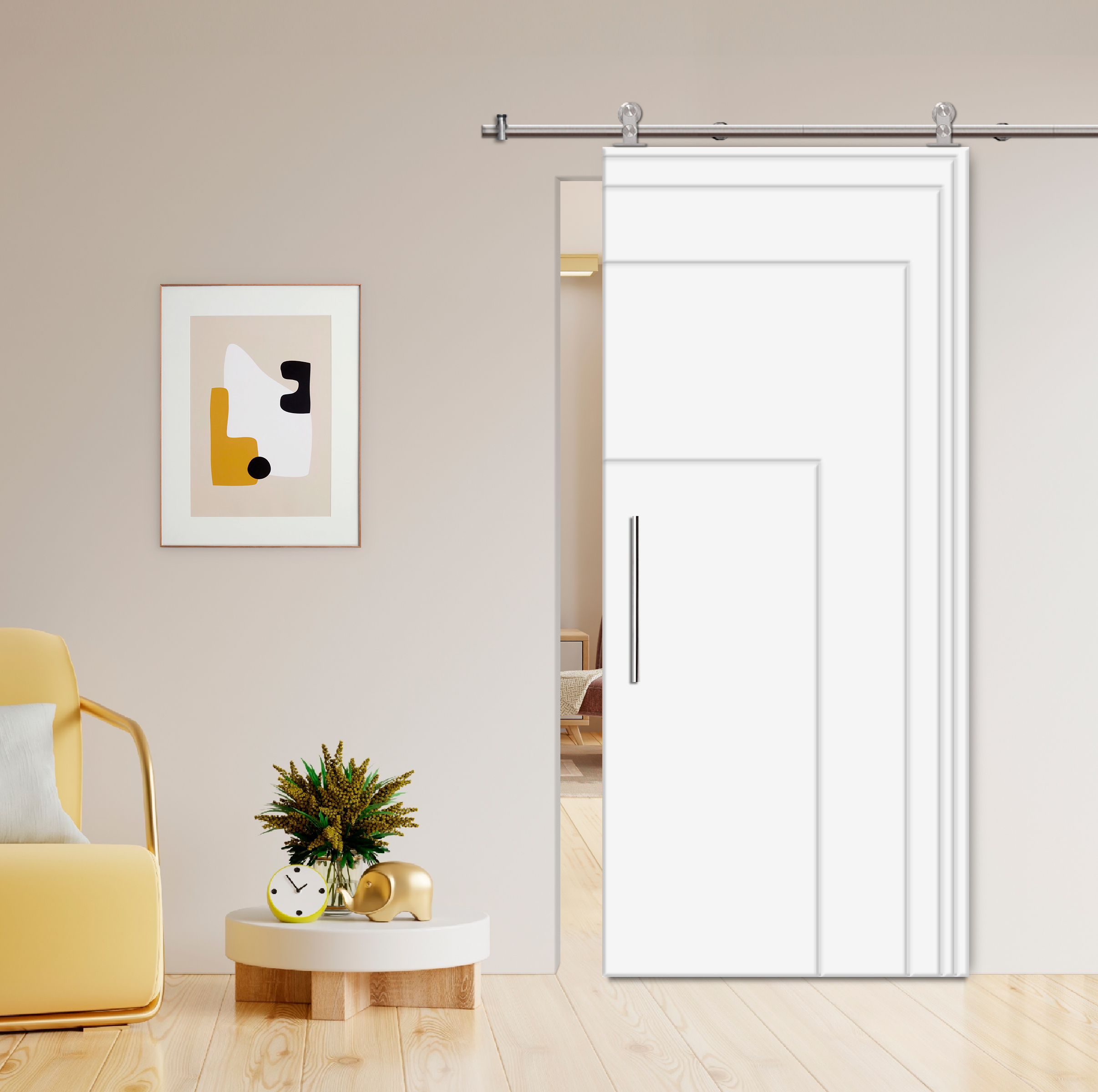 Flush Sliding Barn Door with CNC Engraving CCD-7698 White (Stainless steel)