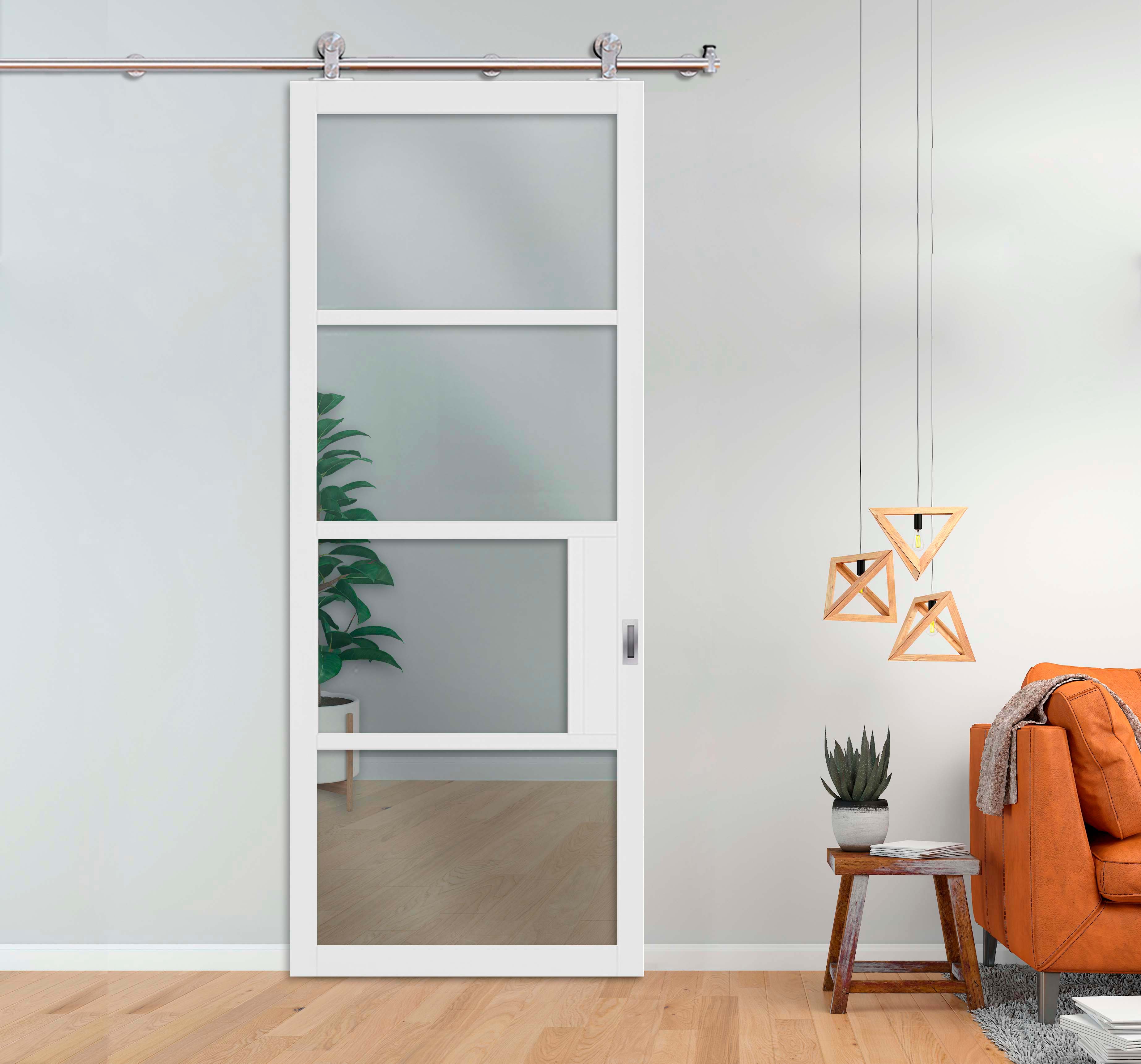 Loft Style Sliding Barn Door White with Clear Glass Panels (Stainless Steel)