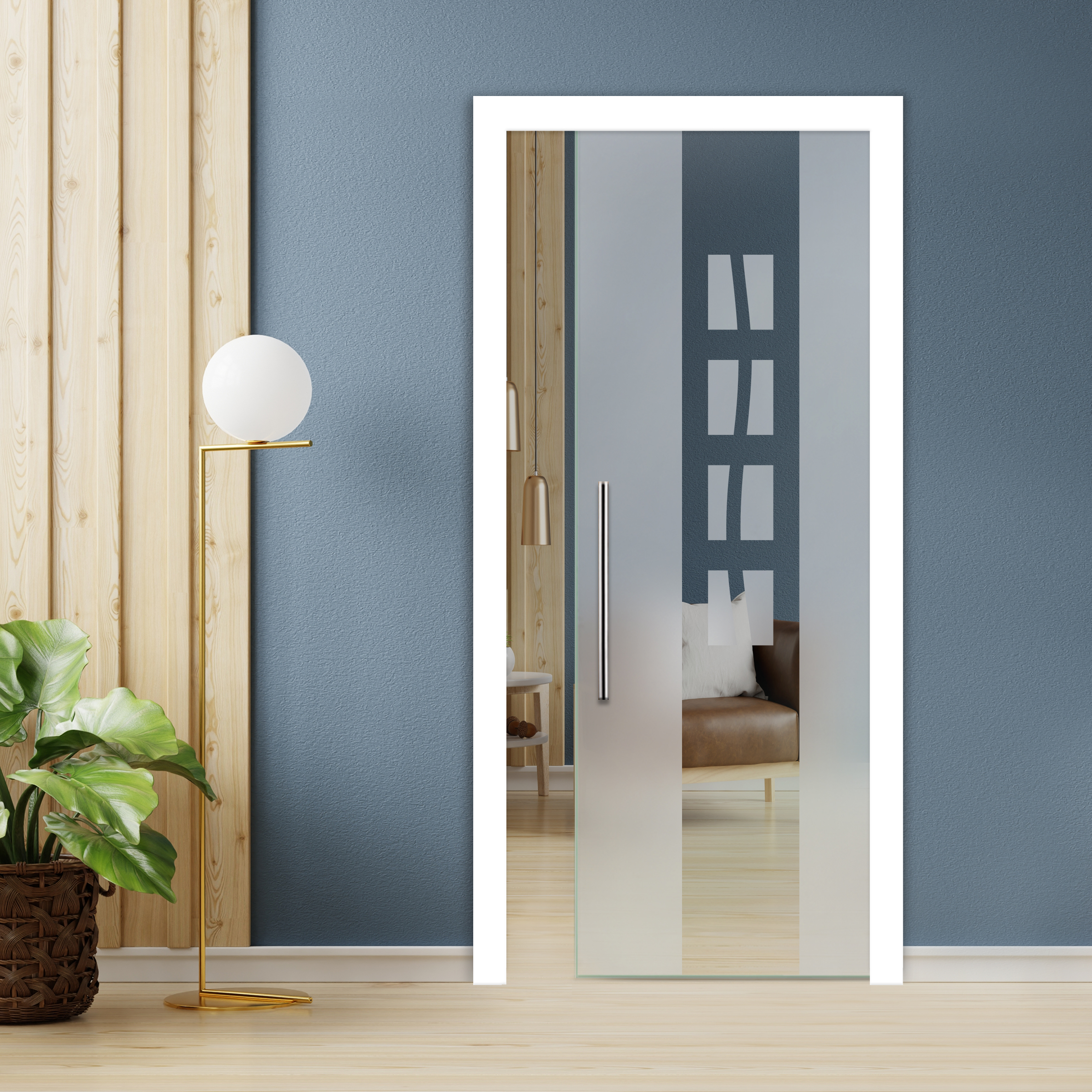 Pocket Glass Barn Door With T Handle Bar