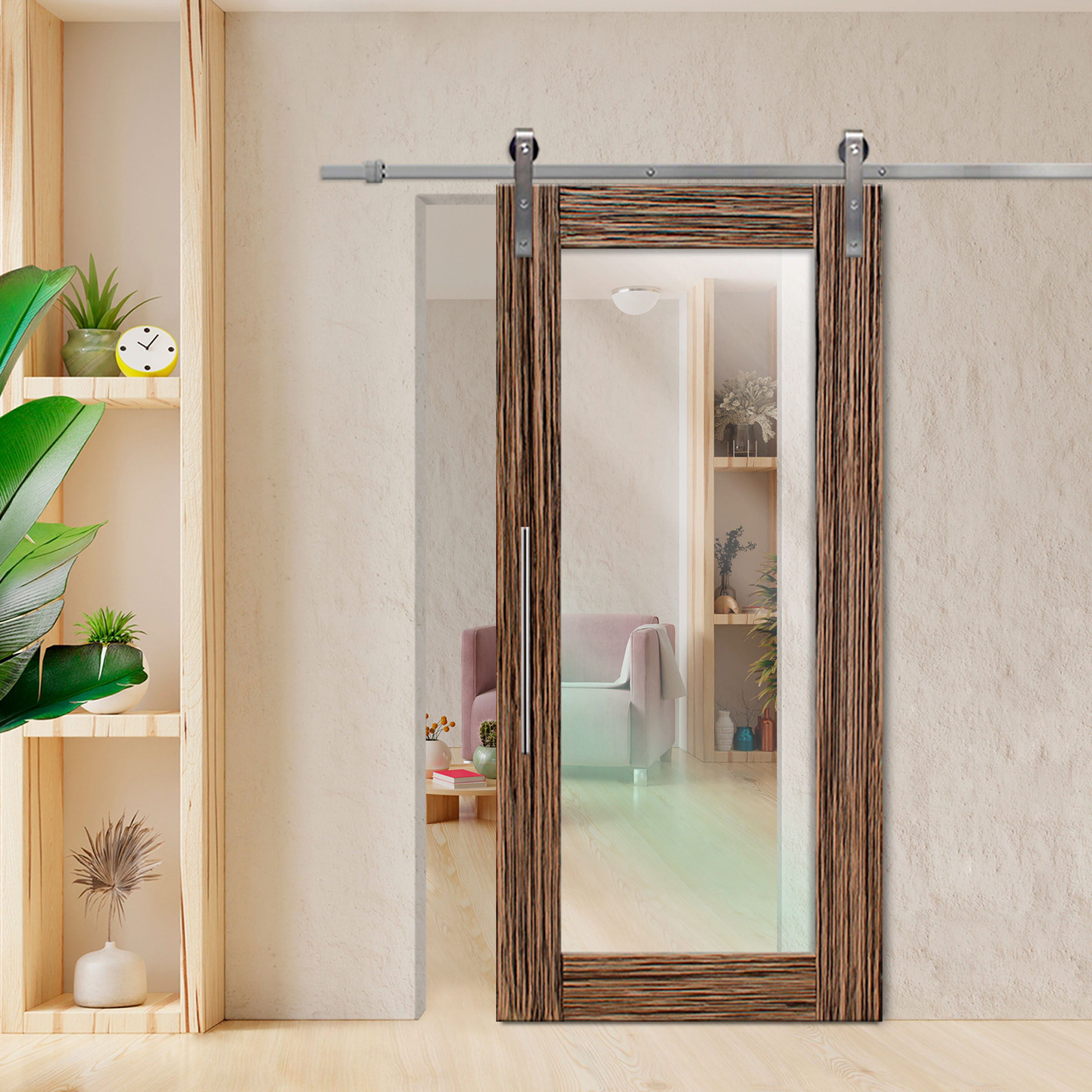 Zebrano Veneered Sliding Clear Barn Door with Stainless Steel
