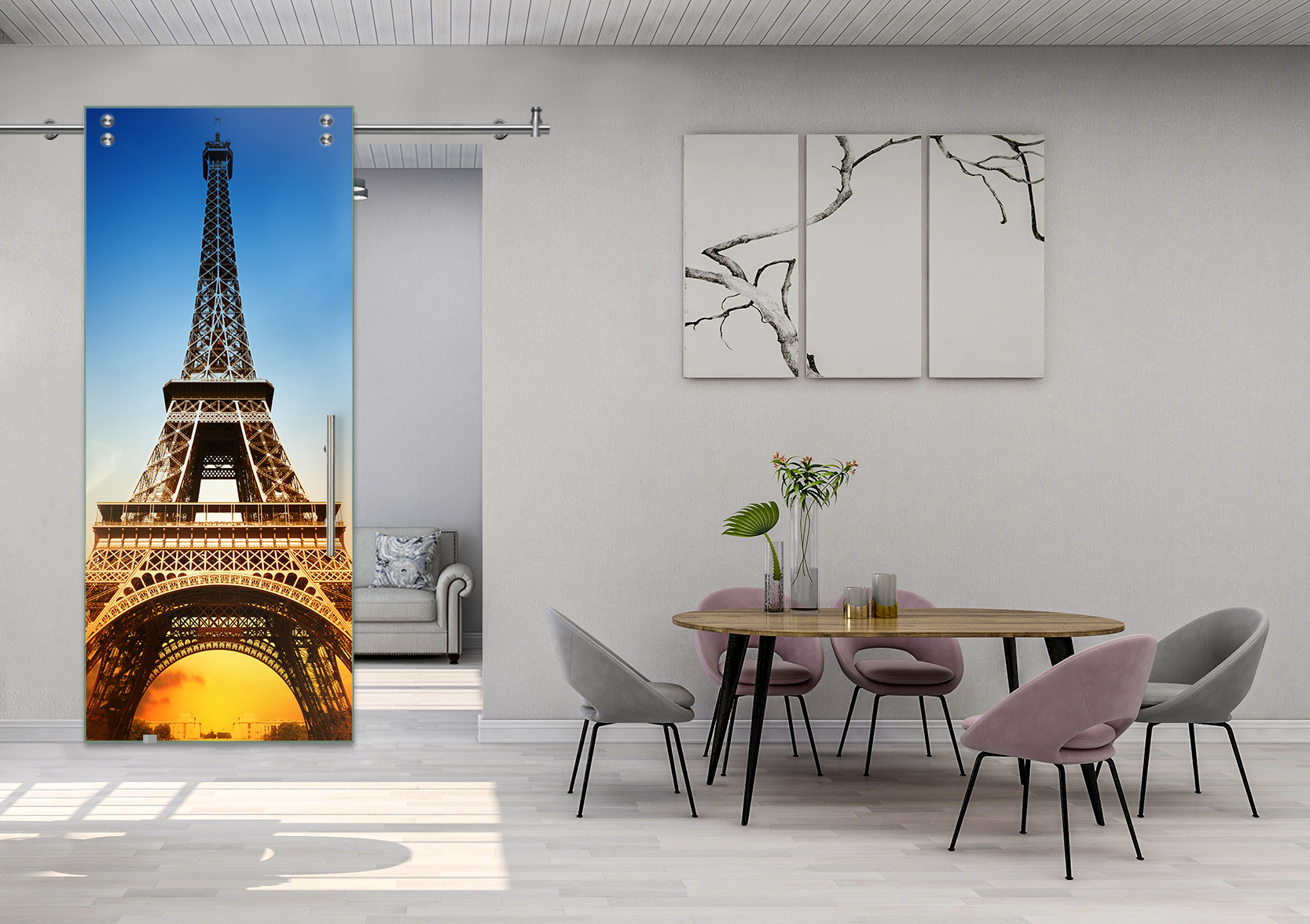 Digital Printing Sliding Barn Glass Door with Stainless Steel Hardware & T-handle (Eiffel Tower Sunset)