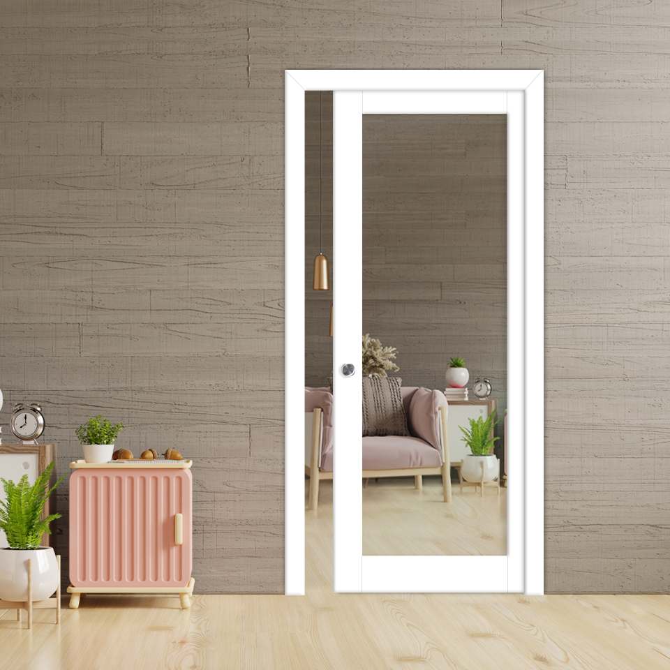 Clear Sliding Pocket Wood Door with Glass Insert (Recessed Grip)