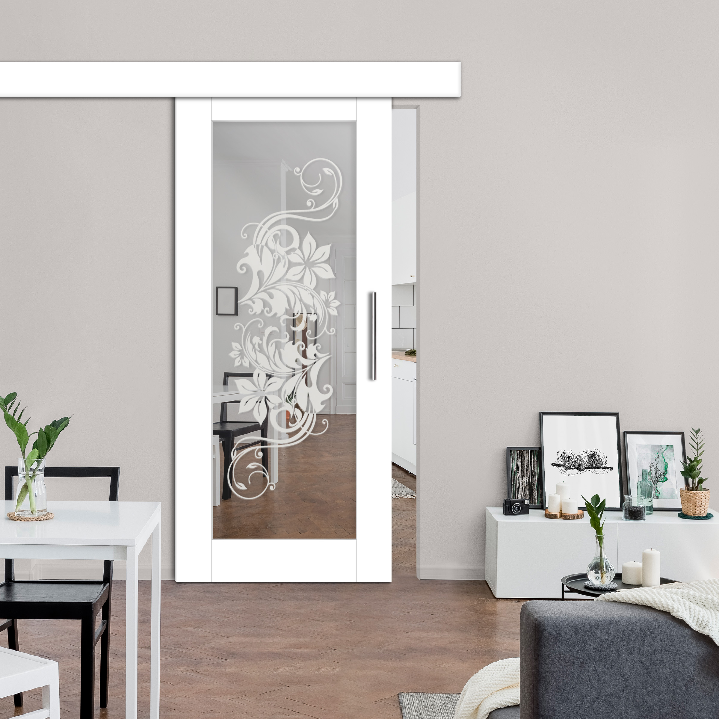 Sliding Barn Door with Mirror Insert and Floral Frosted Design (Hardware Fascia / Cover)
