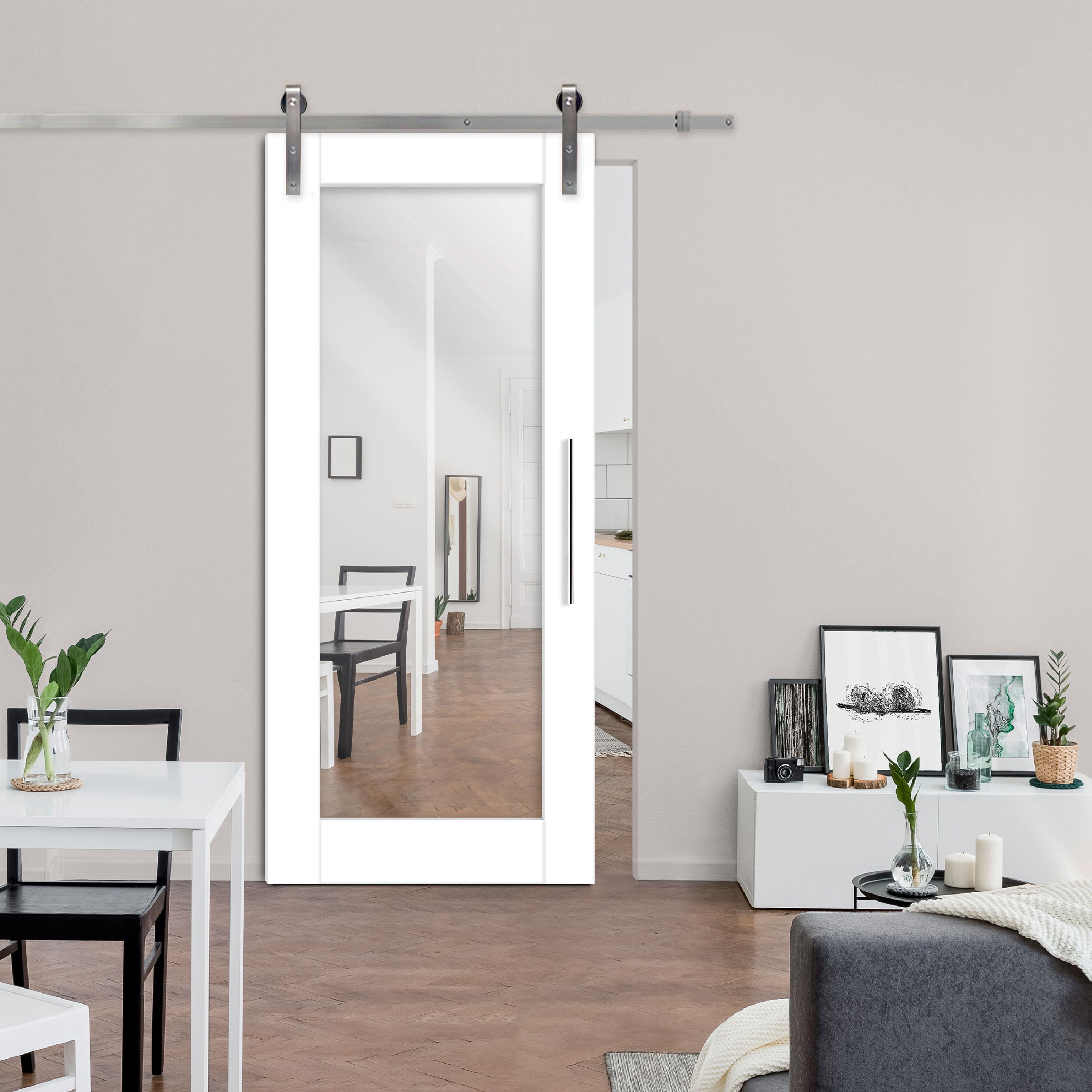 Sliding Barn Door with mirror insert and stainless steel sliding system