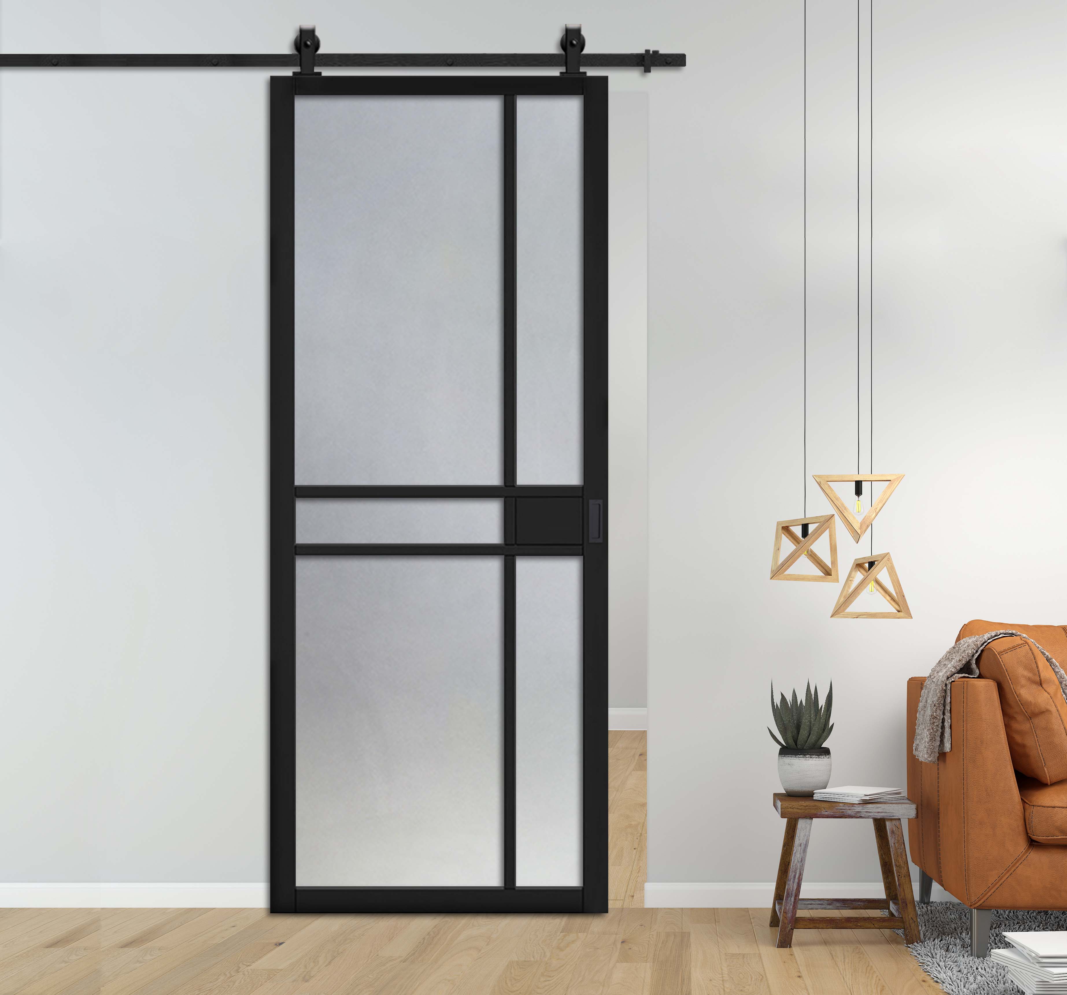 Loft Style Sliding Barn Door witth Frosted Glass Panels + Carbon Steel Hardware Kit & Recessed Carbon Grip Handle 