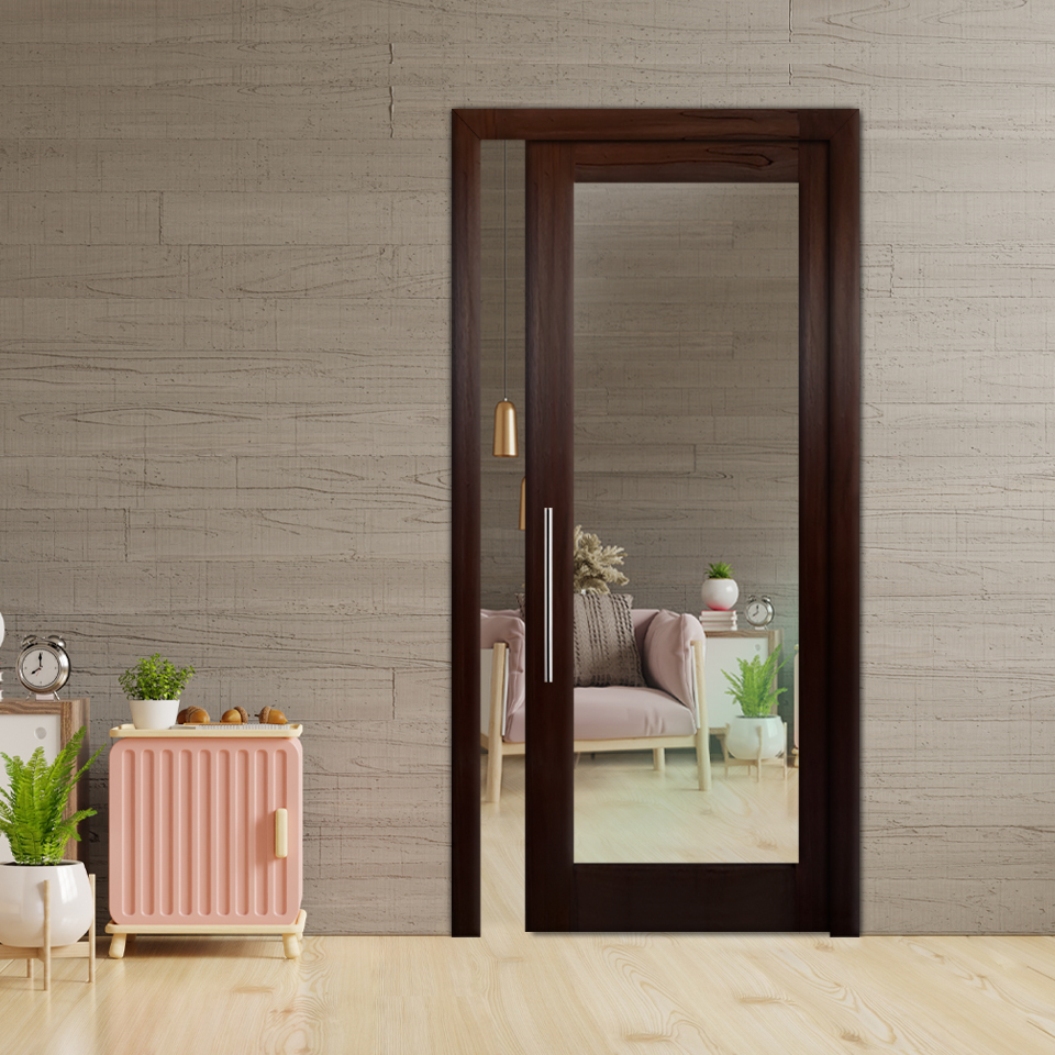 Sliding Pocket Wood Door with Clear Glass Insert (T-Handle)