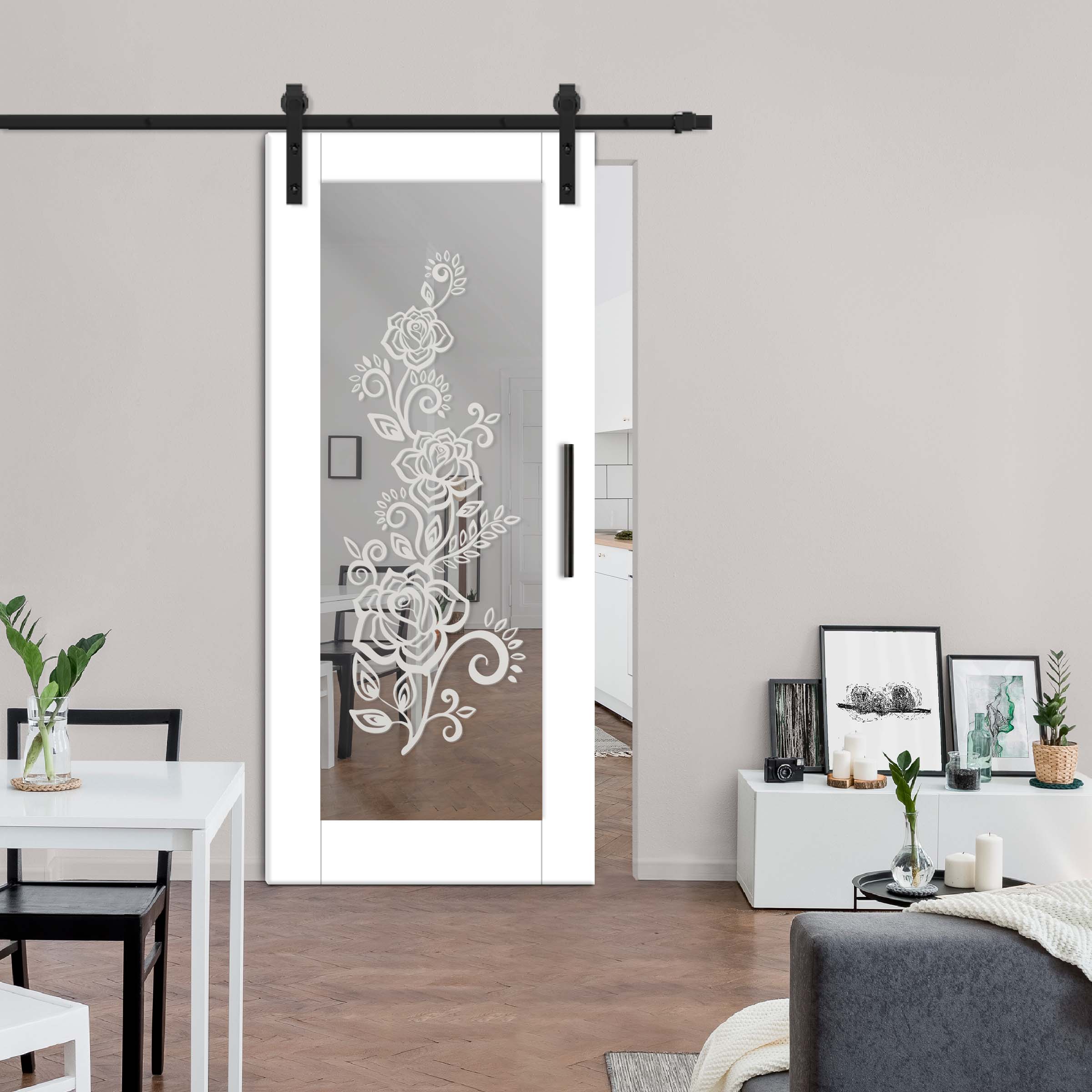 Sliding Barn Door with mirror insert (frosted design) and carbon steel sliding system
