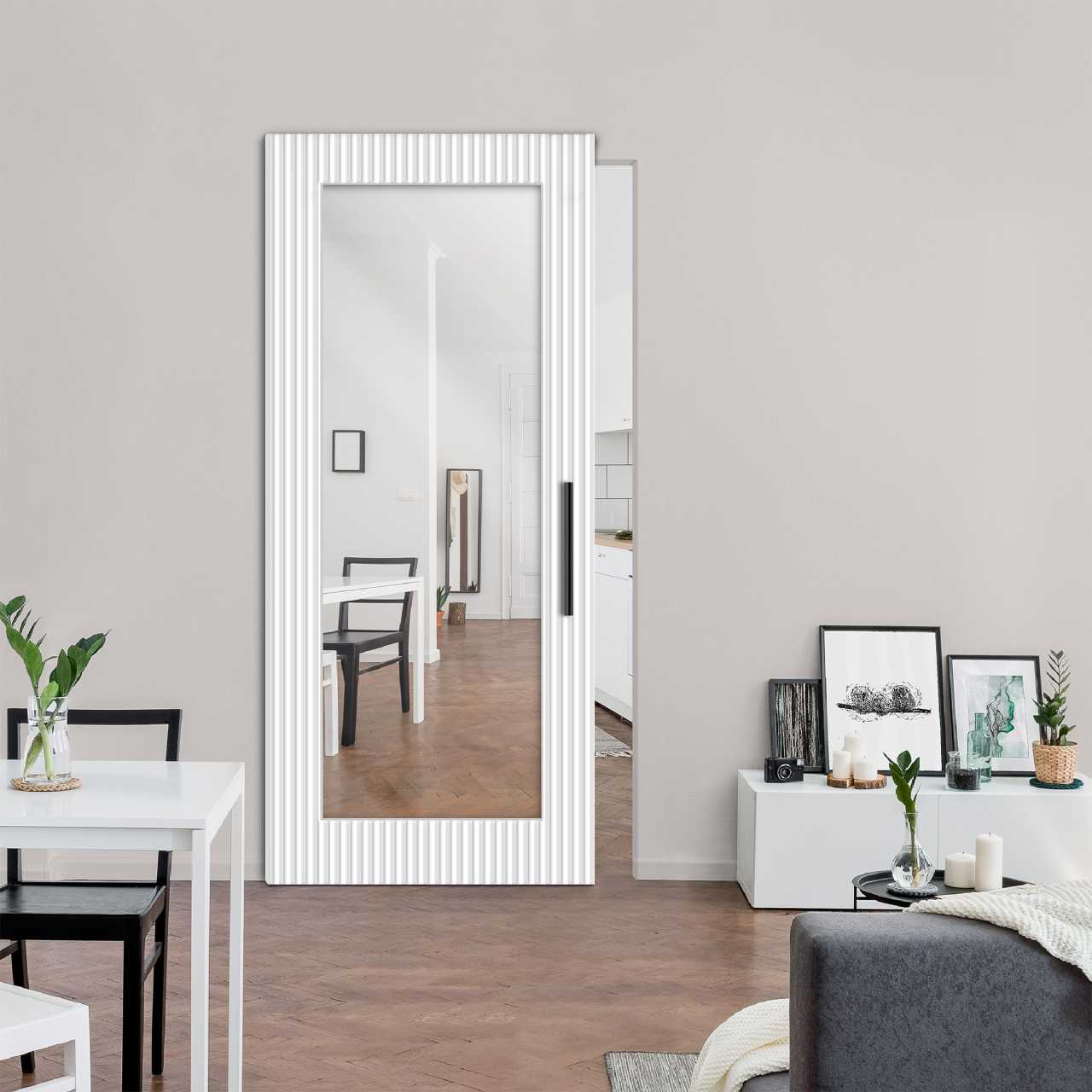 Wooden Mirror Door with Lines Design with Hidden / Invisible Hardware WMD-8840