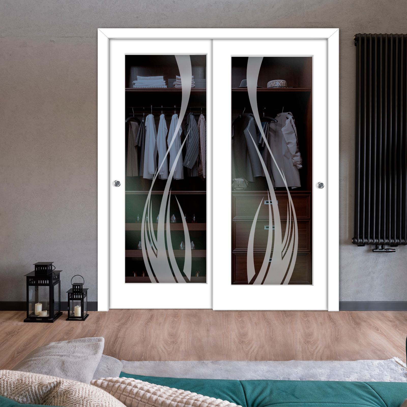 2 Leaf Premium Line Bypass Sliding Closet Door with Hardware & Frosted Design  (Non-private)