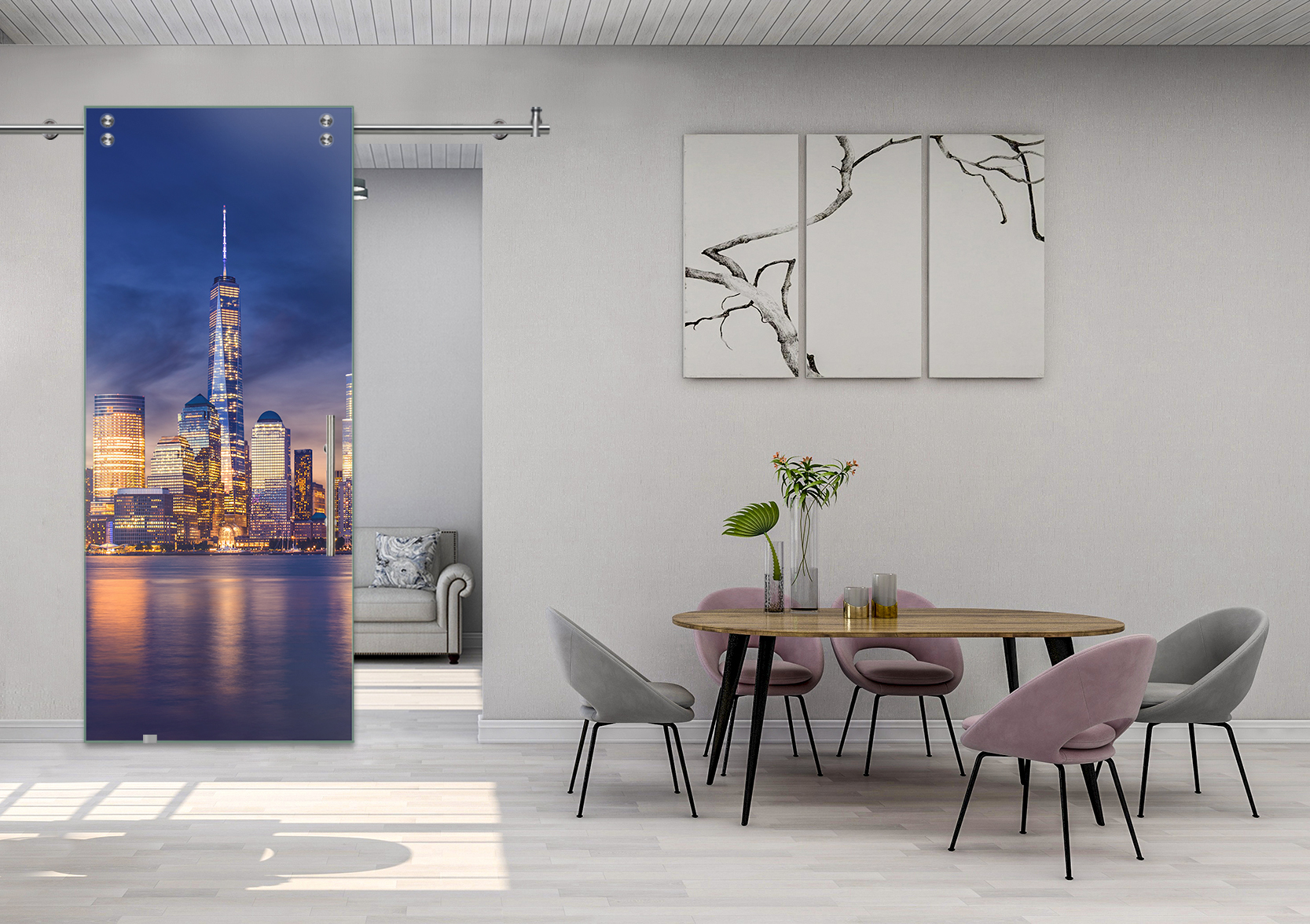 Digital Printing Sliding Barn Glass Door with Stainless Steel Hardware & T-handle (New York Manhattan)