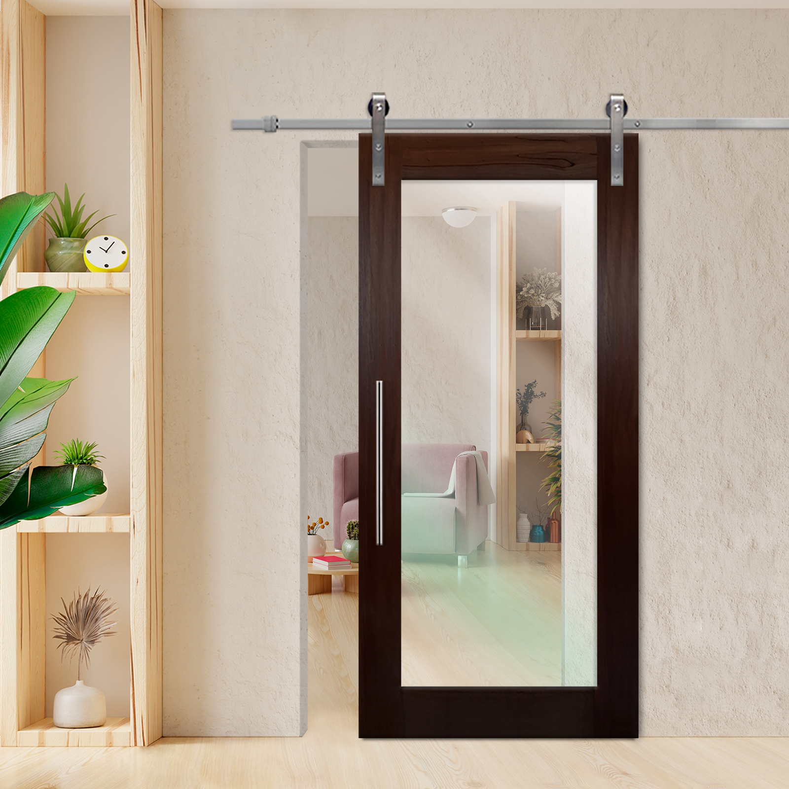 Solid mahogany wood door with glass insert (clear glass) and stainless steel sliding system