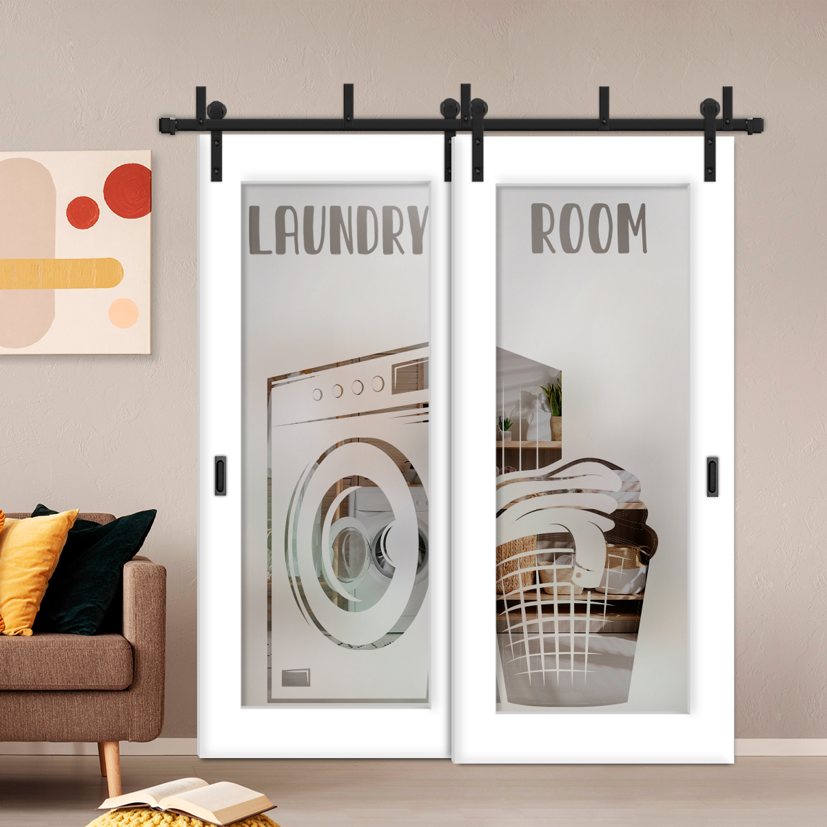 2 Leaf Sliding Barn Bypass Doors with Glass Insert BGD-5932