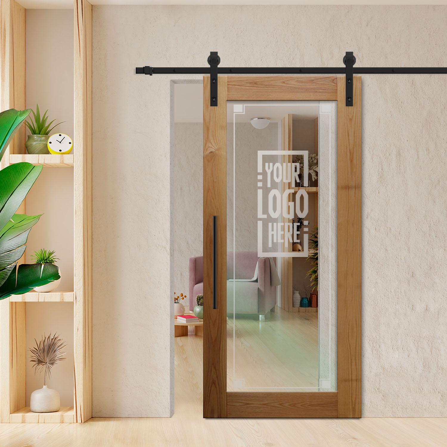 Real Solid Hardwood Sliding Barn Door Glass Insert (Non-private) T-Handle