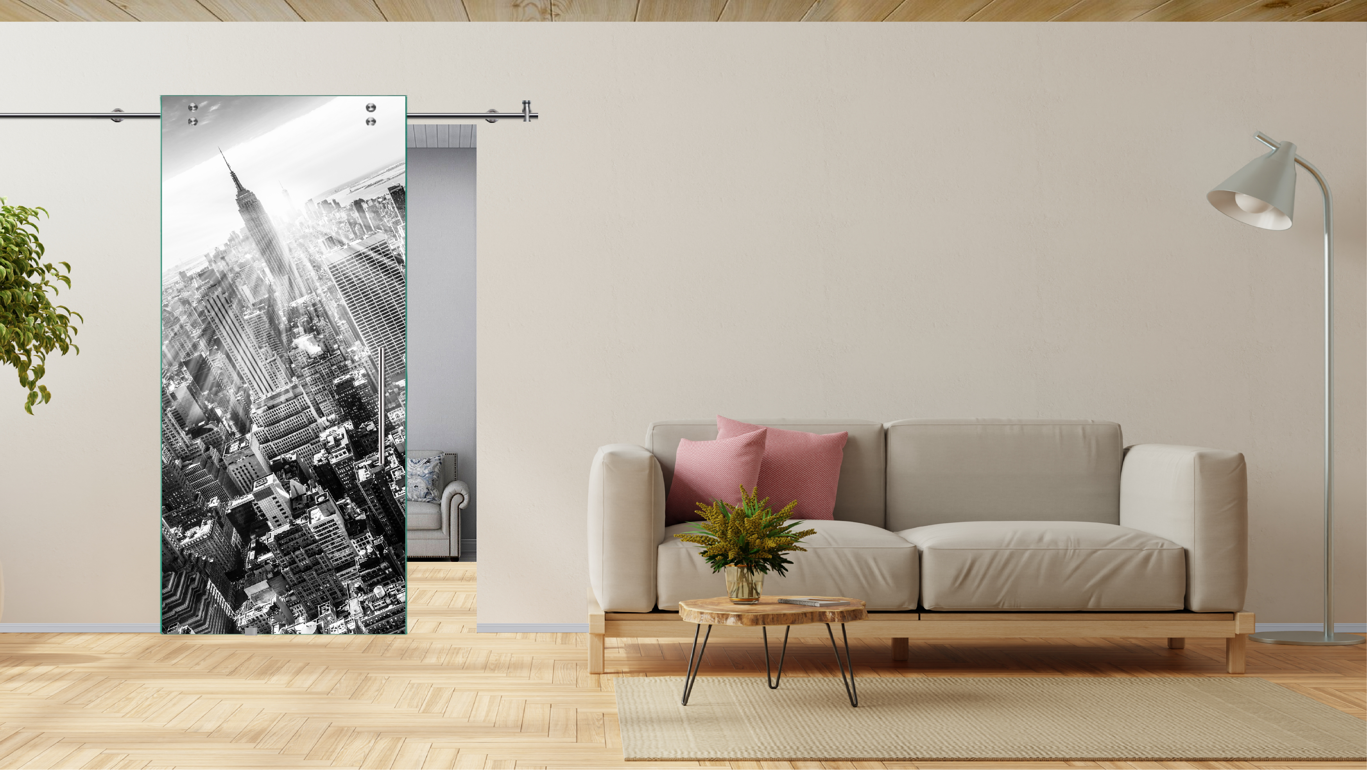 Digital Printing Sliding Barn Glass Door with Stainless Steel Hardware & T-handle (New York Manhattan Empire State Building)