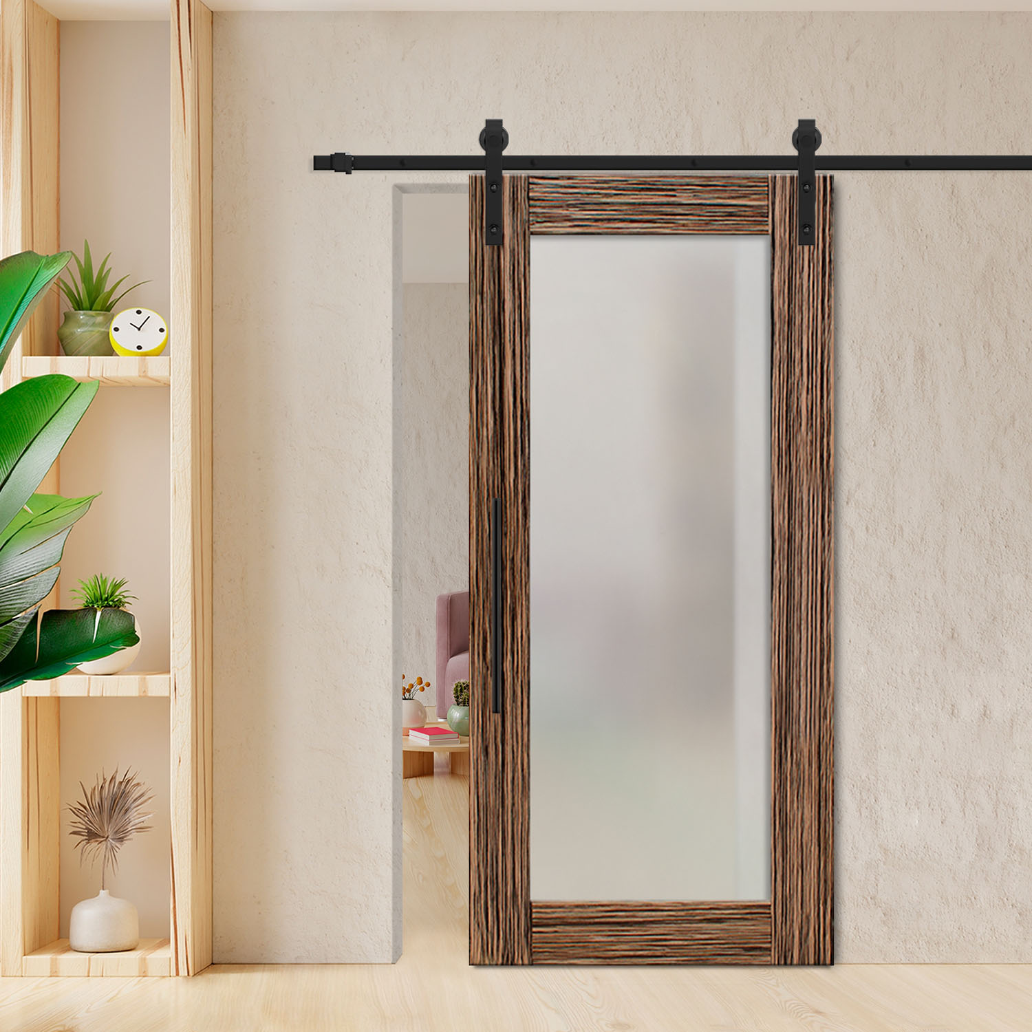 Zebrano Veneered Sliding Frosted Barn Door with Carbon Steel