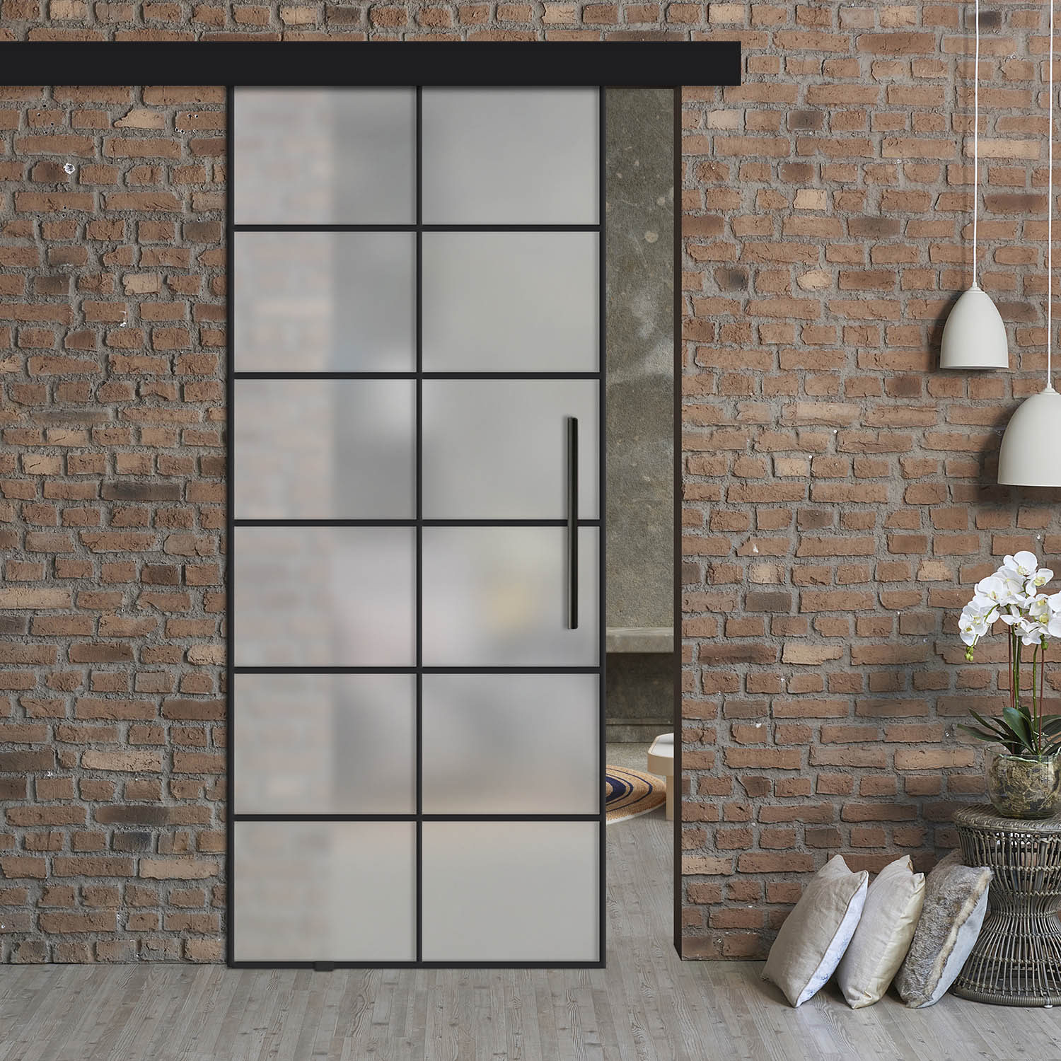 Frameless Industrial Sliding Barn Door with Black Hardware + T-Handle (Full-Private)