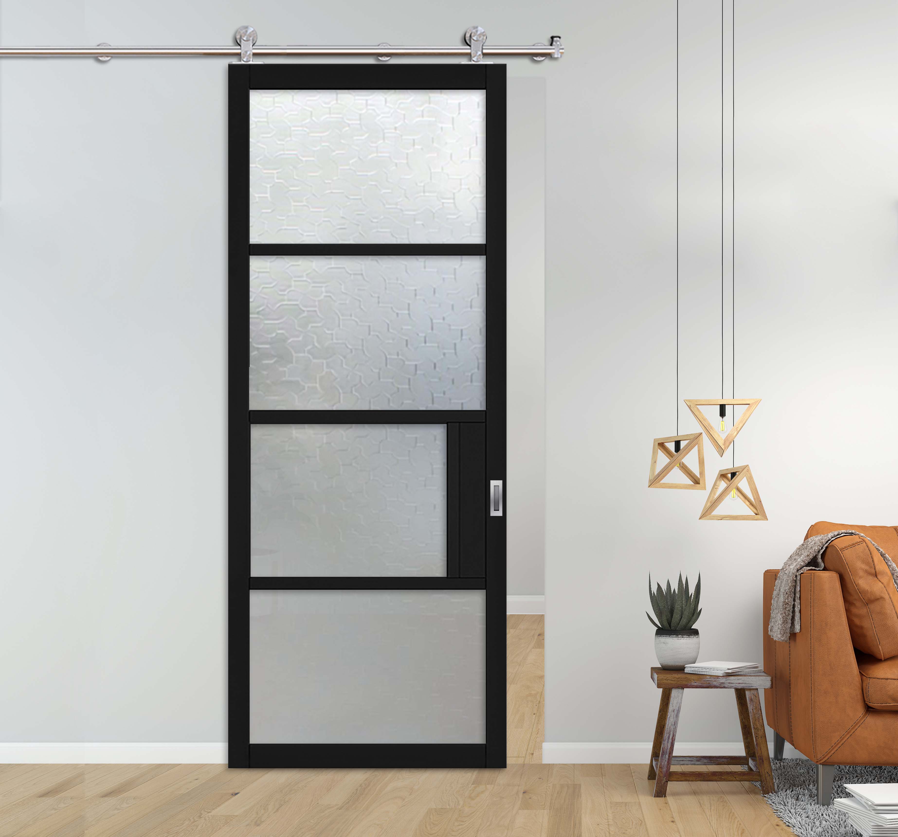 Loft Style Sliding Barn Door Black with Karatachi Glass Panels (Stainless Steel)