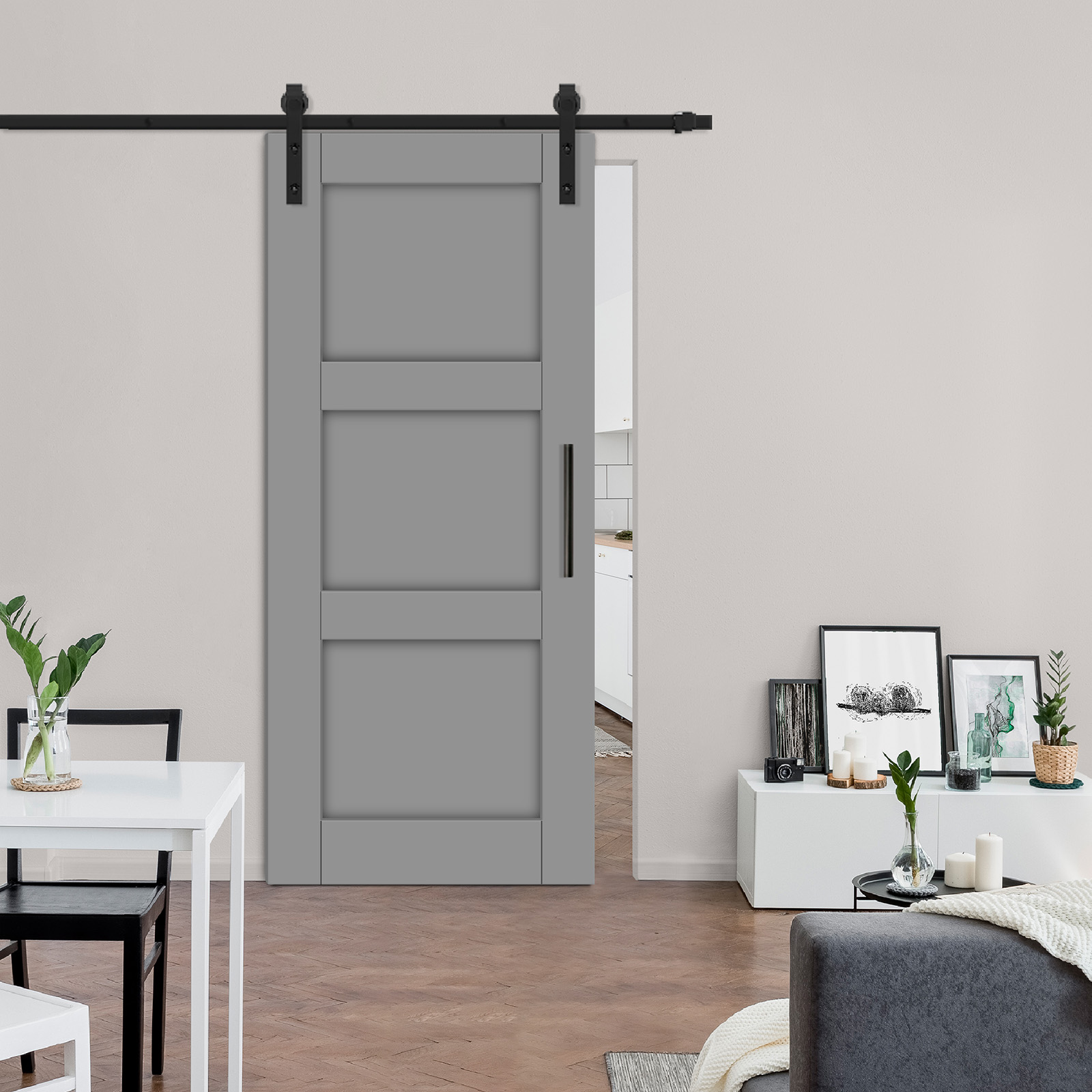 3 Panel Mirror Barn Door (Gray) Carbon Steel