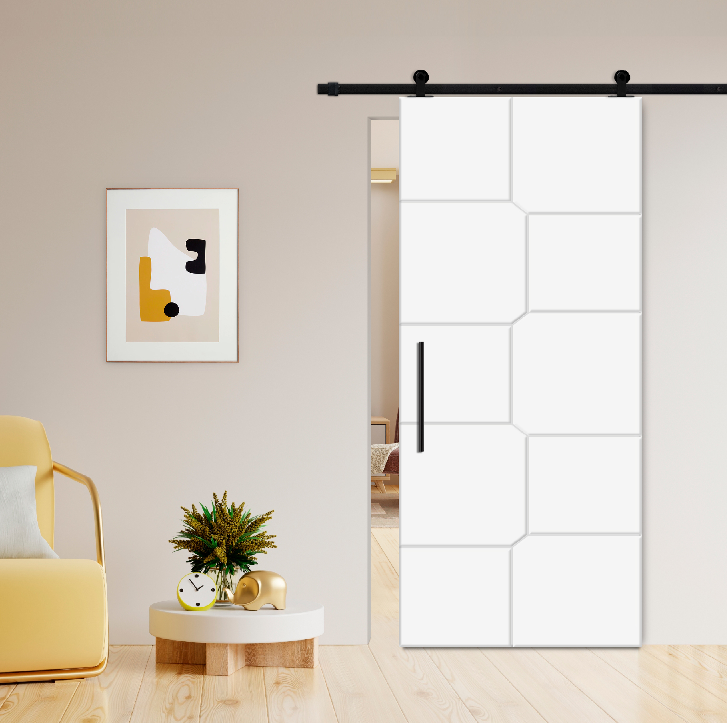Flush Sliding Barn Door with CNC Engraving CCD-7698 White (Carbon steel)