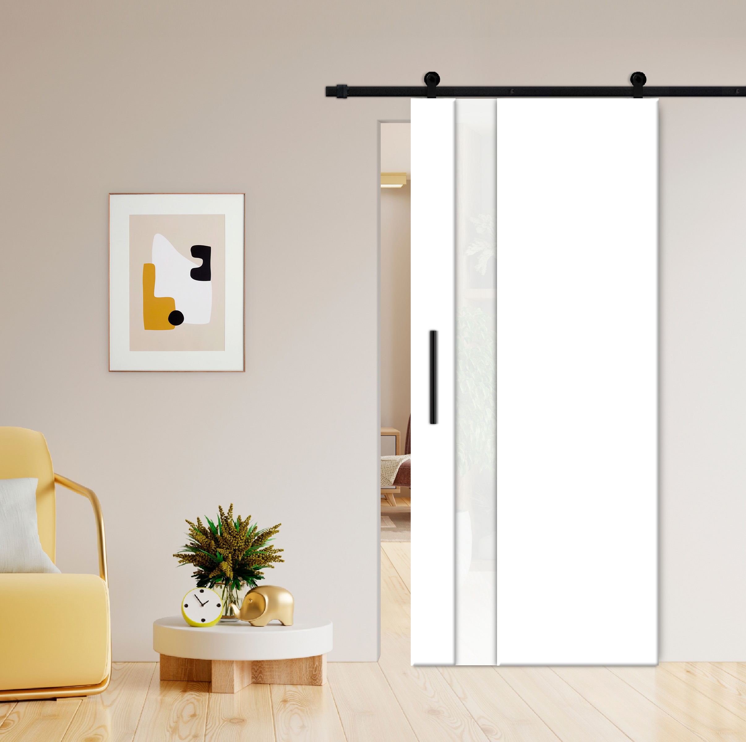 Flush Sliding Barn Door with CNC Engraving (White Painted Glass) 