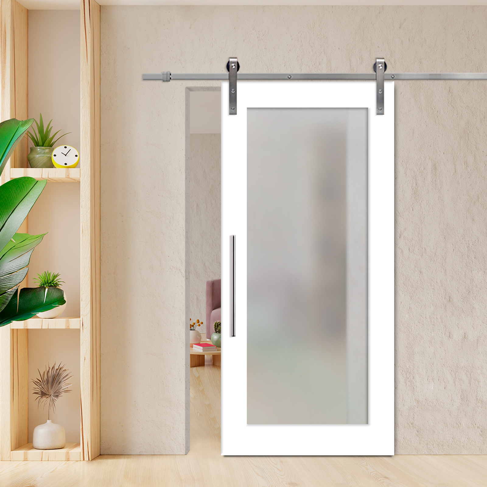 1 Lite Sliding Barn Door with Glass Insert (Stainless Steel Hardware - Full Private)