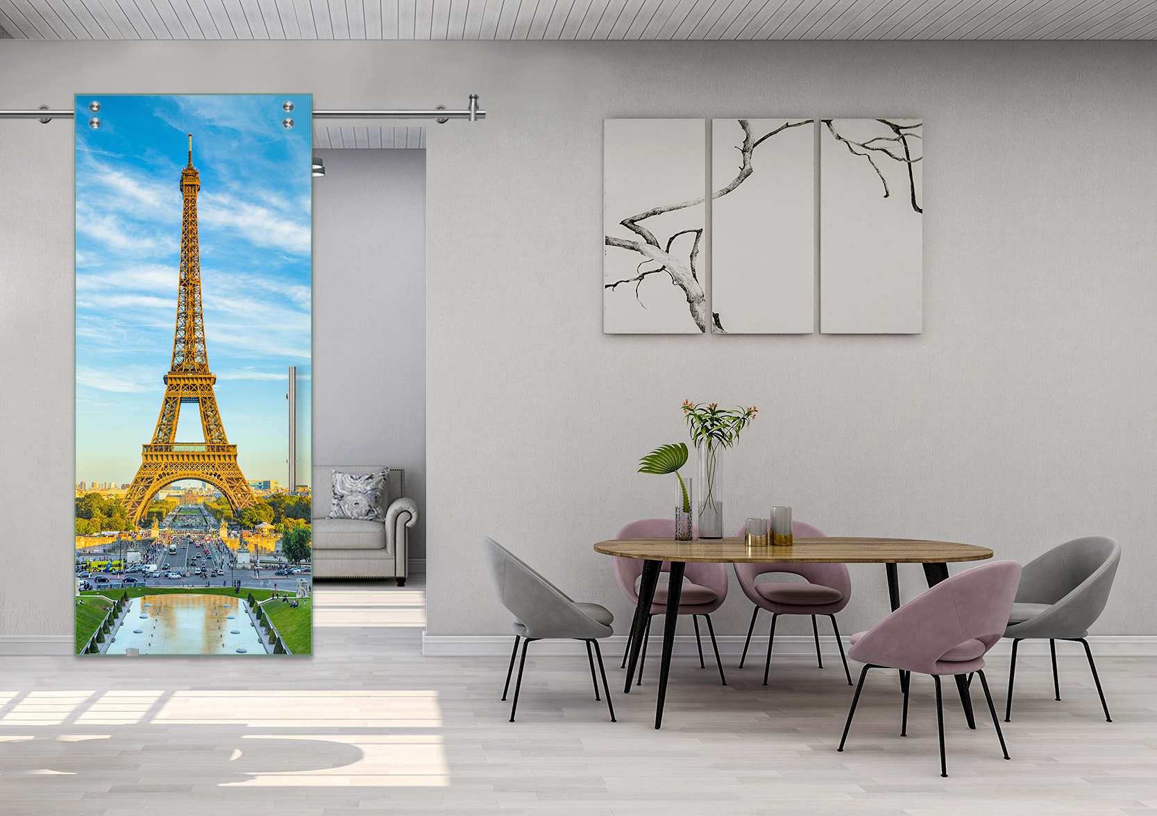 Digital Printing Sliding Barn Glass Door with Stainless Steel Hardware & T-handle (Eiffel Tower Paris)